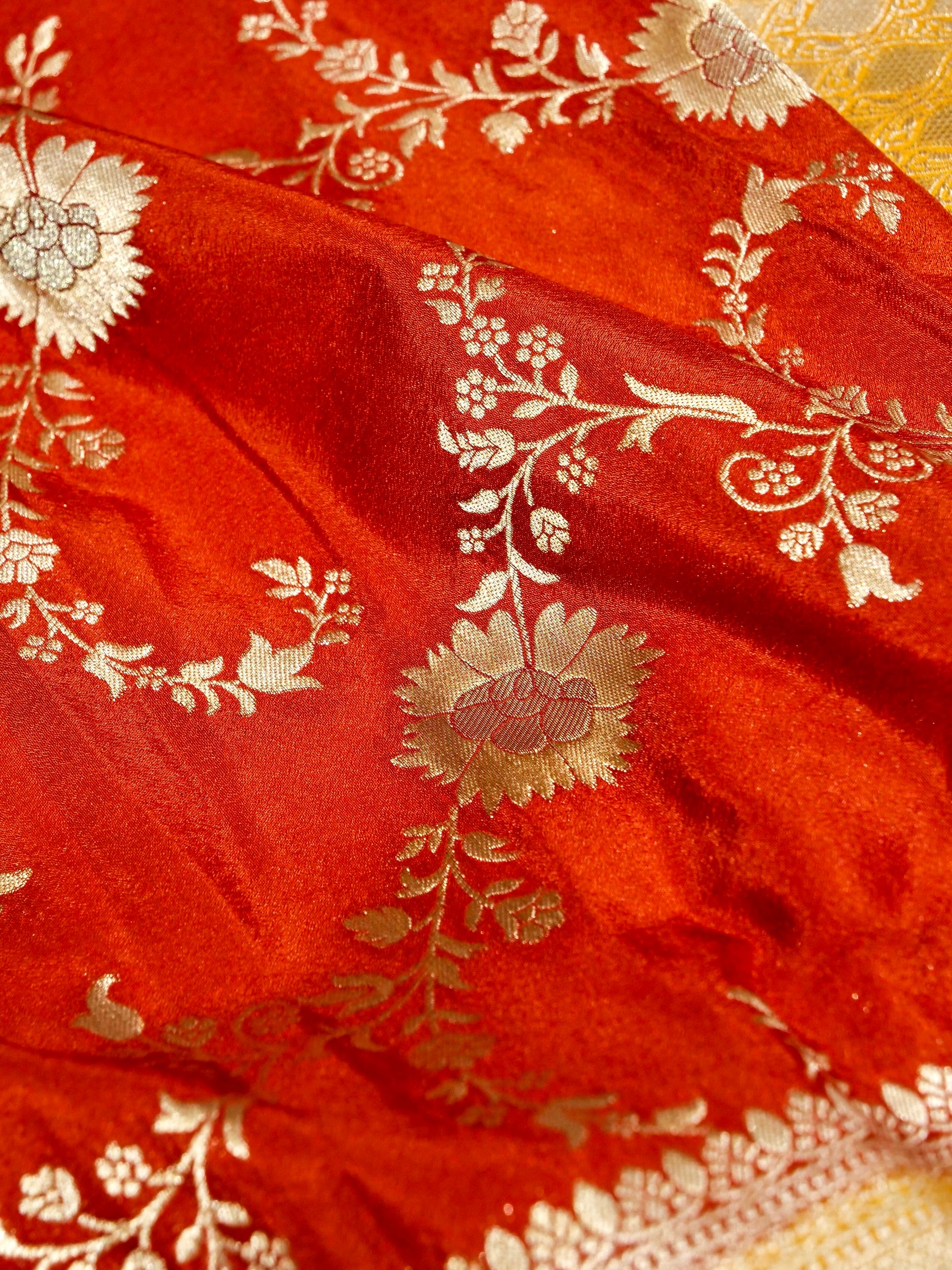 Burnt Orange Crepe Georgette Silk Saree with Mustard Gold Border