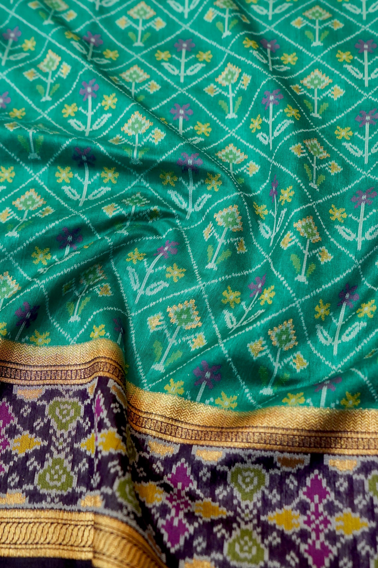Sea Green Dupion Patola Saree with Lavender-Gold Border & Classic Ikat Motifs