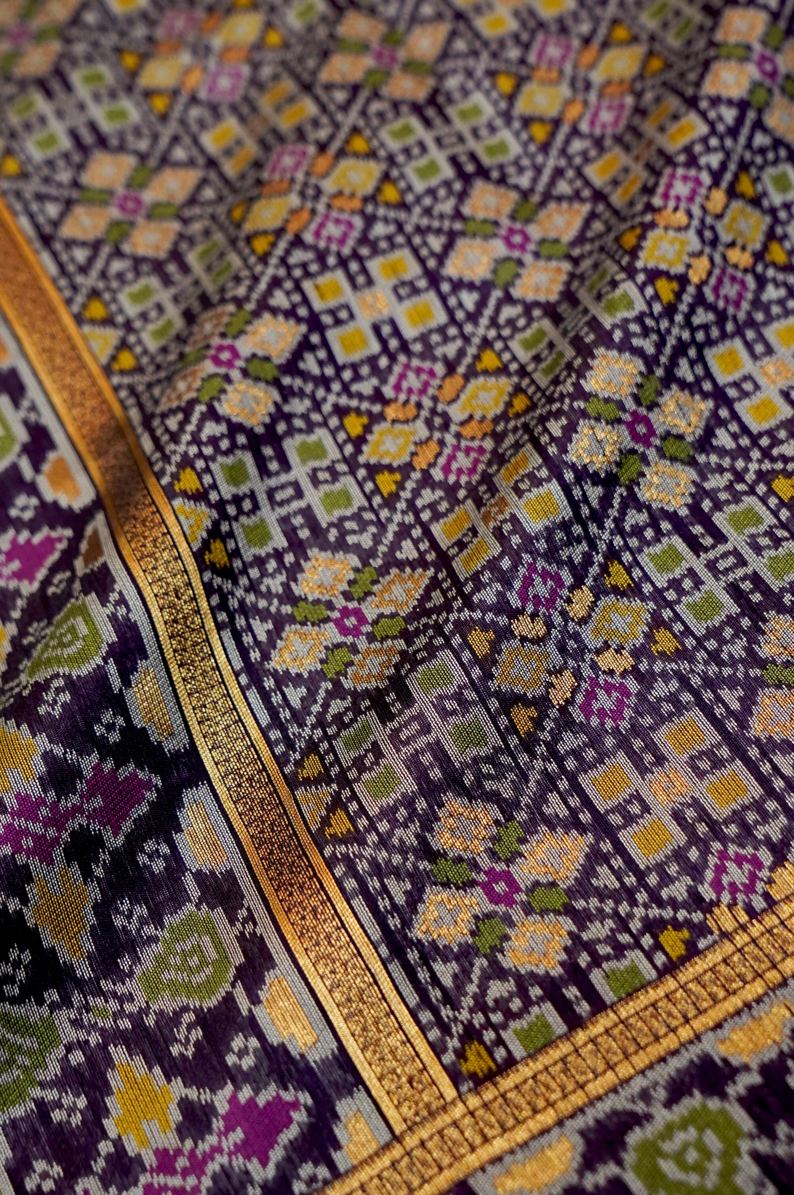 Sea Green Dupion Patola Saree with Lavender-Gold Border & Classic Ikat Motifs