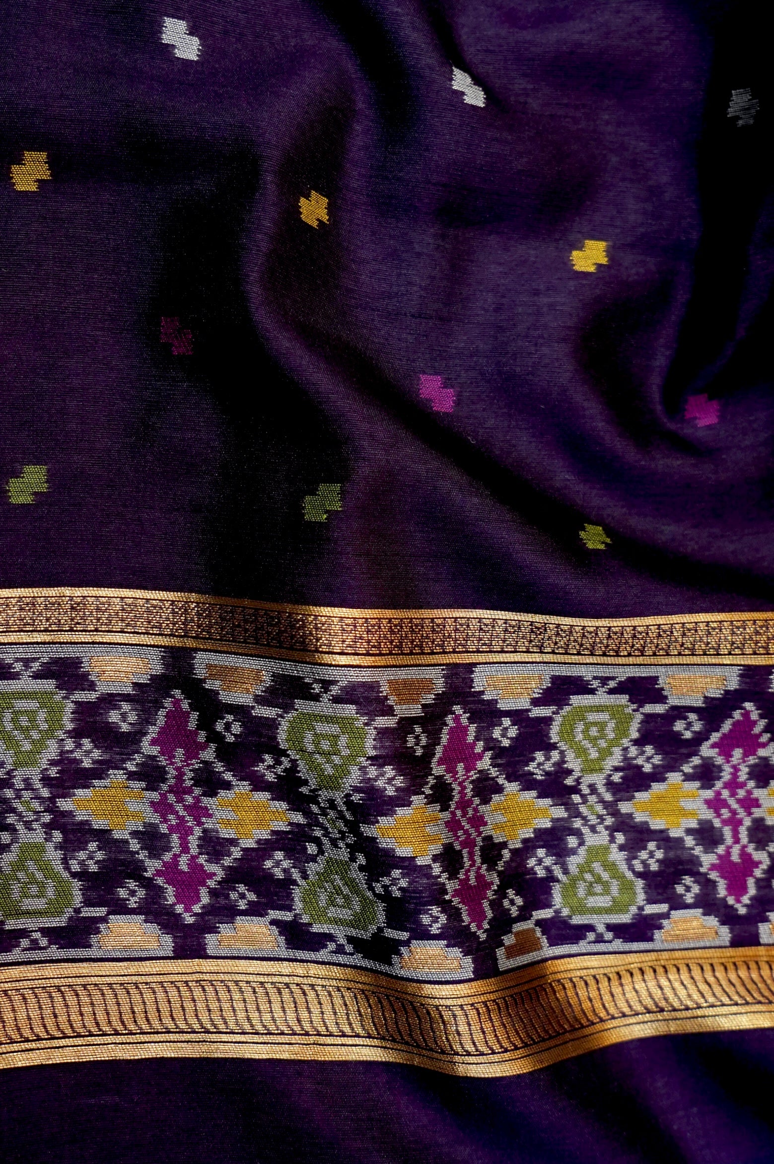 Sea Green Dupion Patola Saree with Lavender-Gold Border & Classic Ikat Motifs