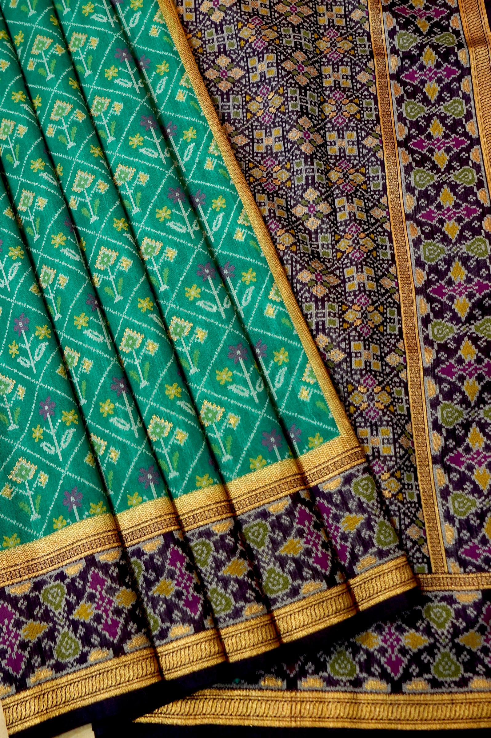 Sea Green Dupion Patola Saree with Lavender-Gold Border & Classic Ikat Motifs