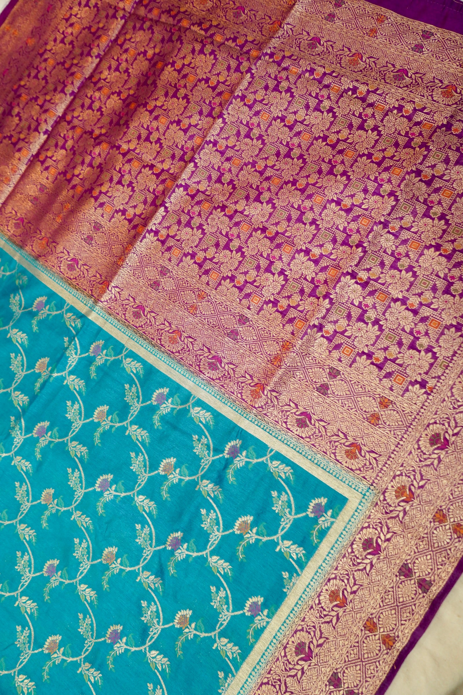 Turquoise Blue Dupion Patola Saree with Antique Gold Zari Floral Weave