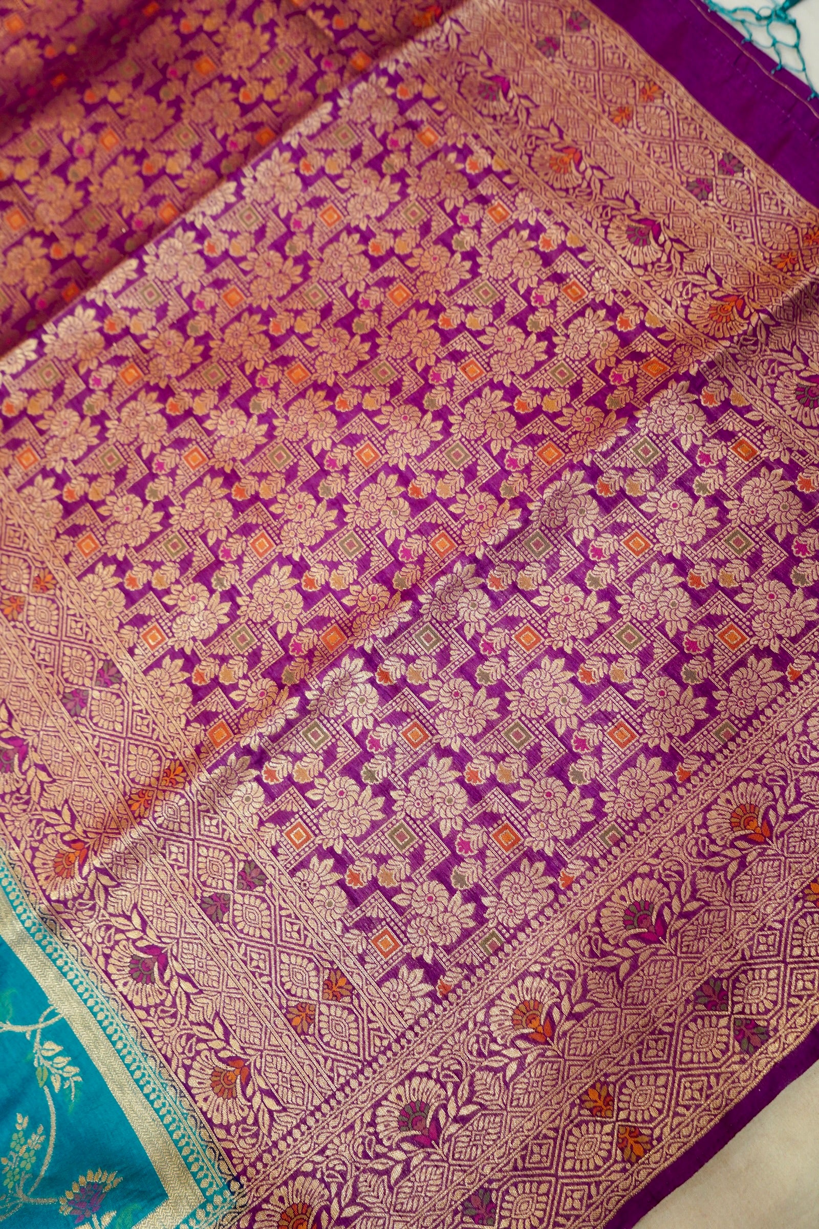 Turquoise Blue Dupion Patola Saree with Antique Gold Zari Floral Weave