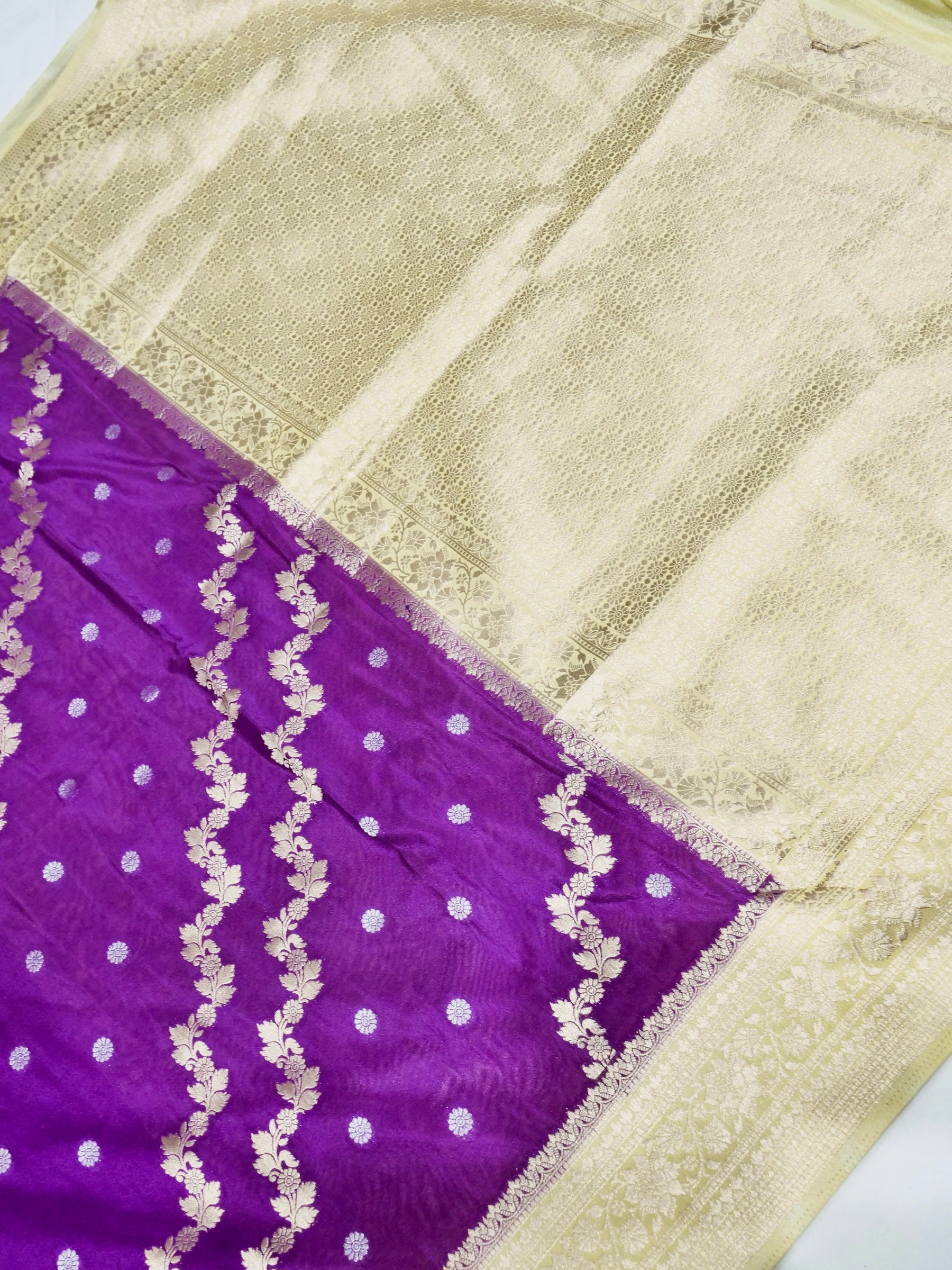 Vibrant Violet Crepe Georgette Silk Saree with Champagne Gold Border