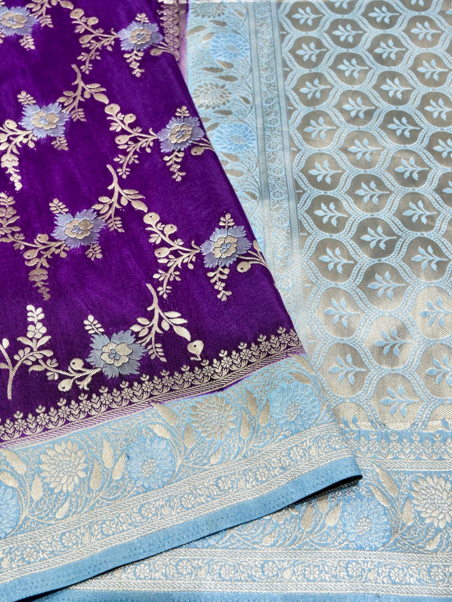 Purple Crepe Georgette Silk Saree with Powder Blue and Champagne Gold Border