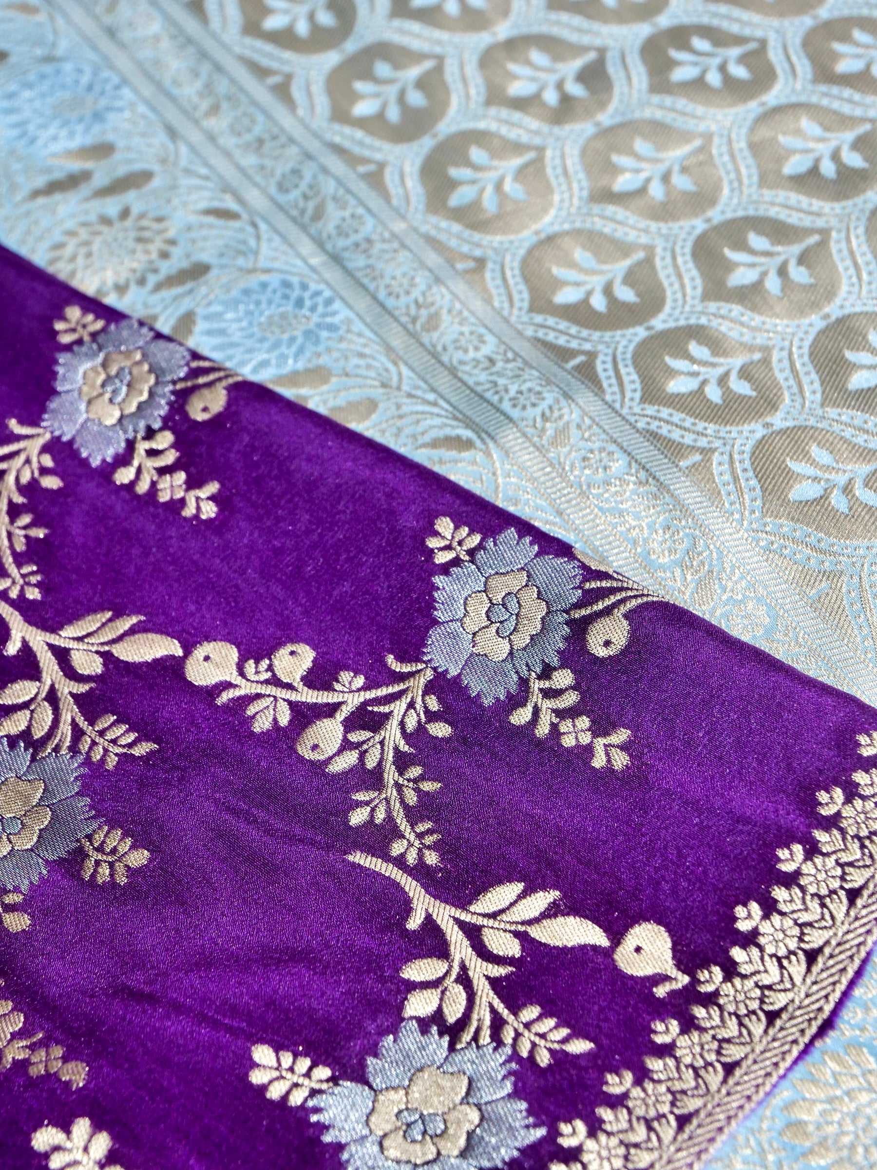 Purple Crepe Georgette Silk Saree with Powder Blue and Champagne Gold Border