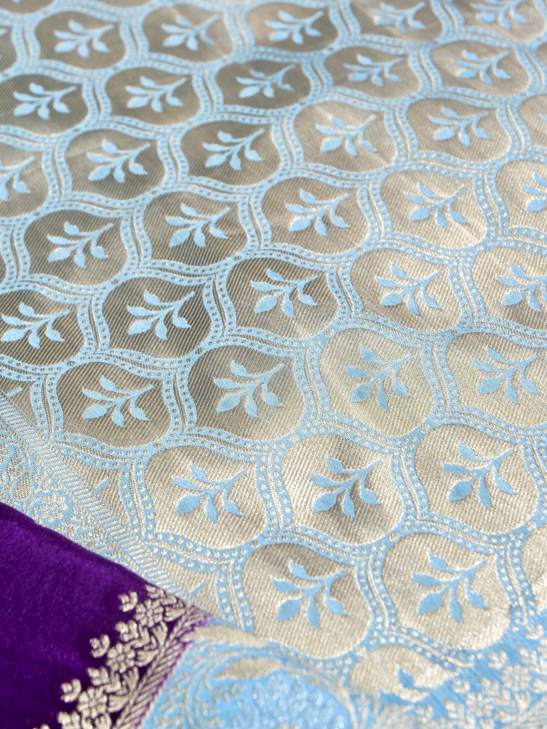 Purple Crepe Georgette Silk Saree with Powder Blue and Champagne Gold Border