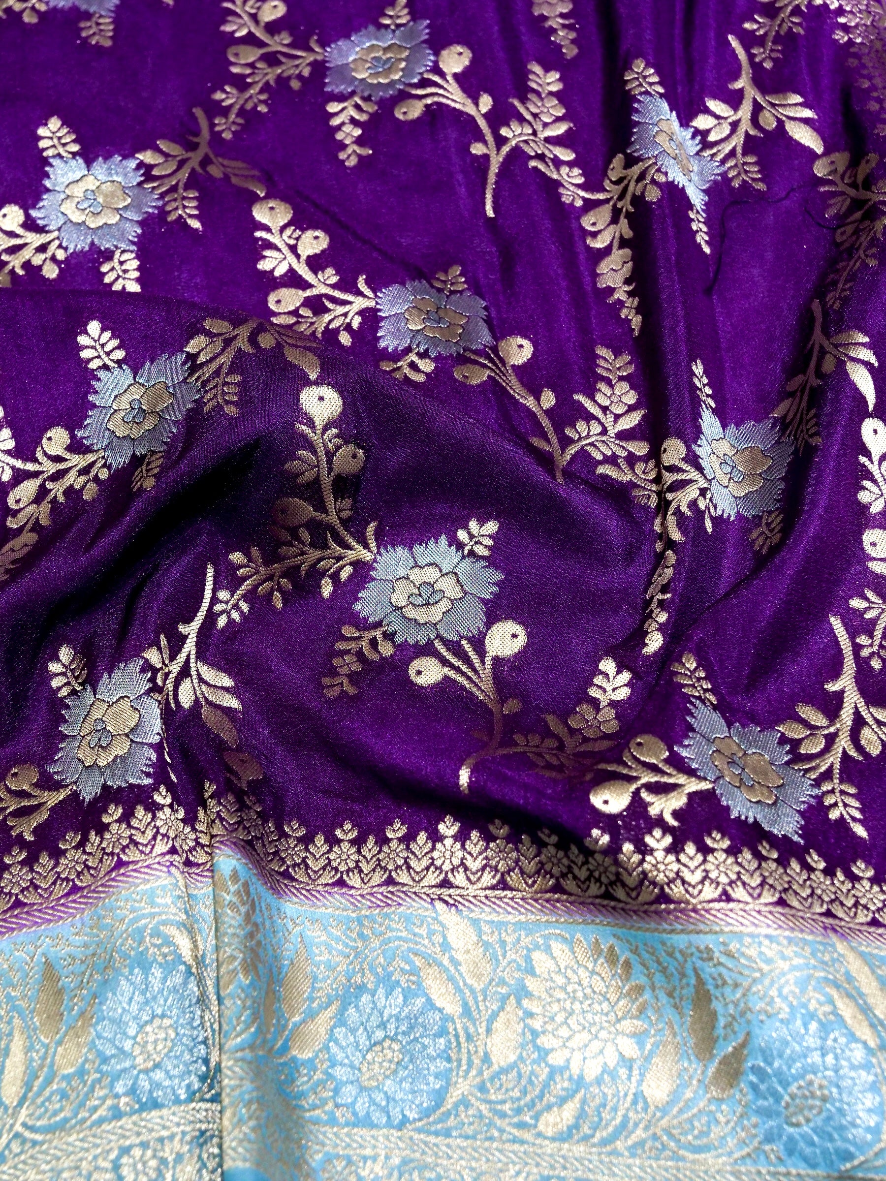 Purple Crepe Georgette Silk Saree with Powder Blue and Champagne Gold Border