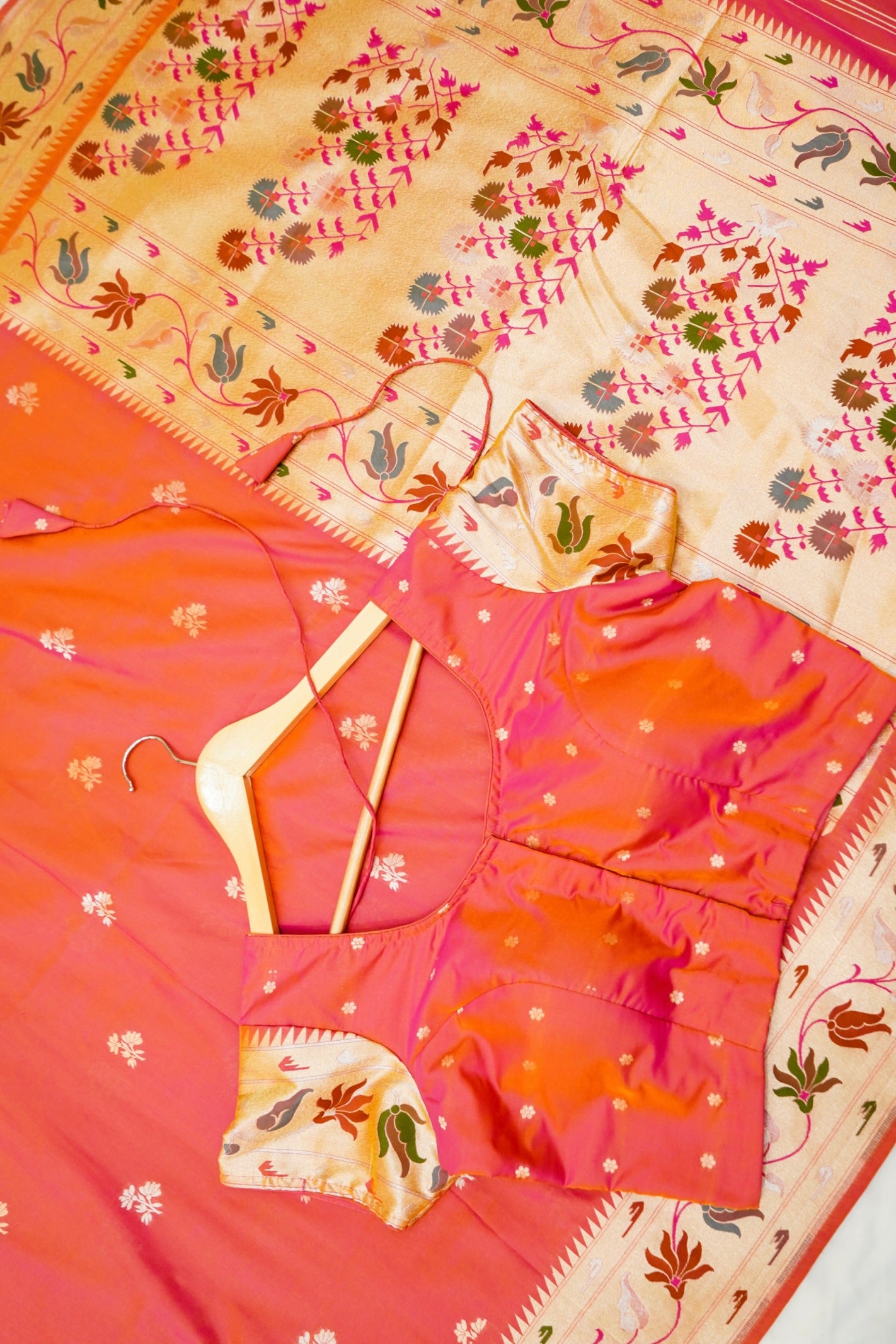 Keshavi - Orange Paithani Silk Saree with Stitched Blouse