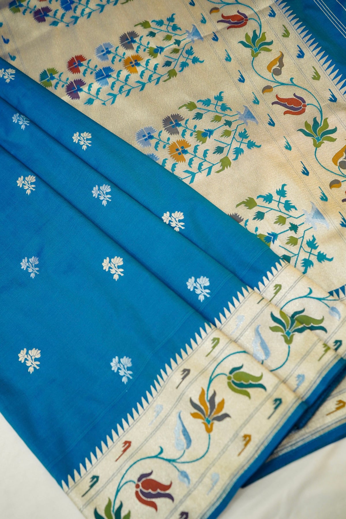 Keshavi - Bright Blue Paithani Silk Saree with Stitched Blouse