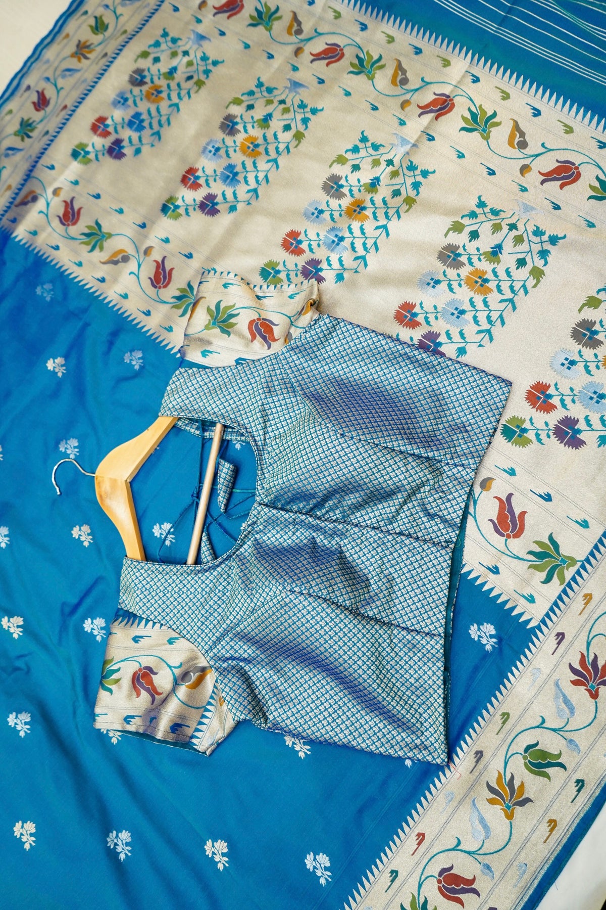 Keshavi - Bright Blue Paithani Silk Saree with Stitched Blouse