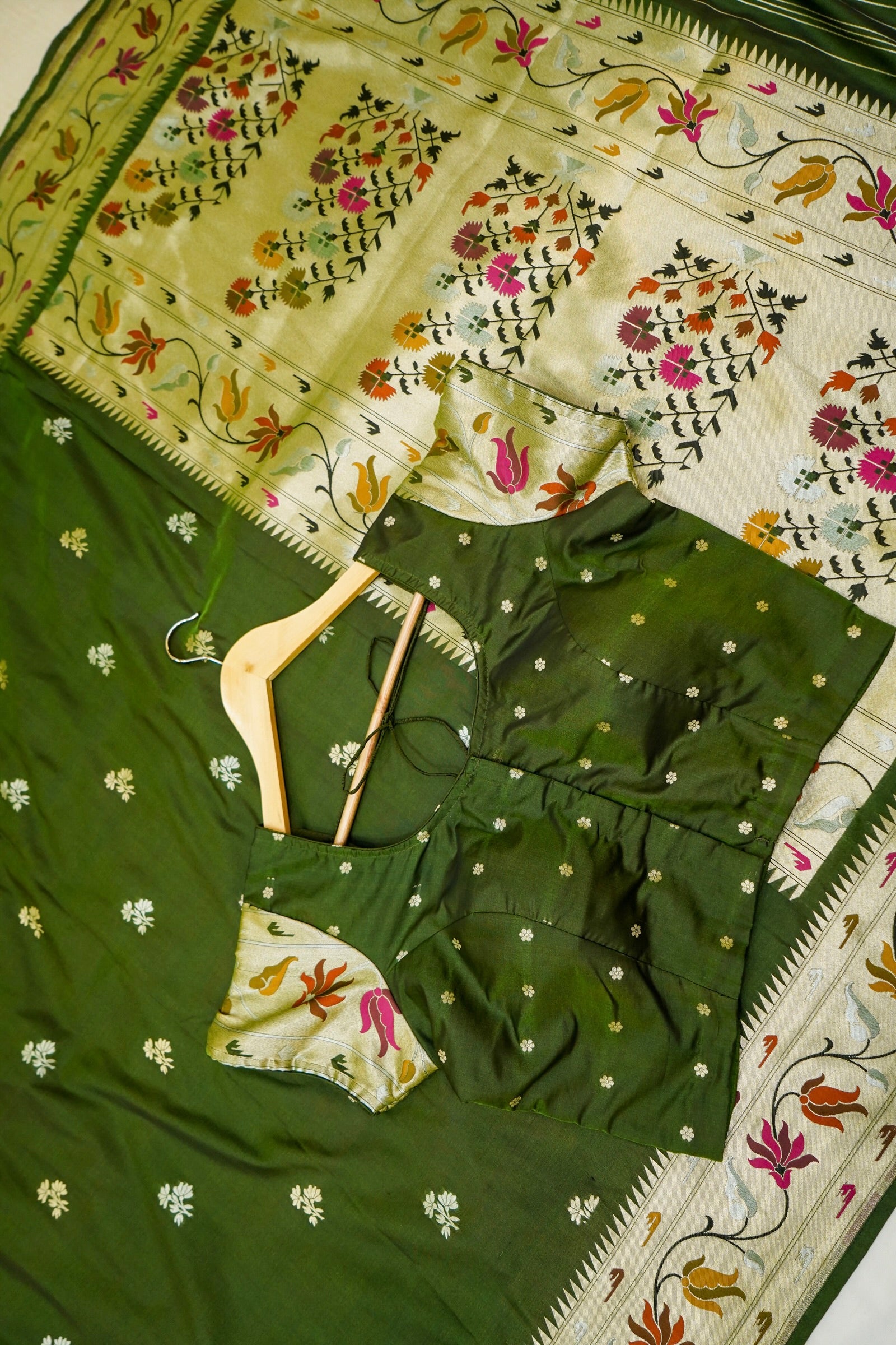 Keshavi - Bottle Green Paithani Silk Saree with Stitched Blouse