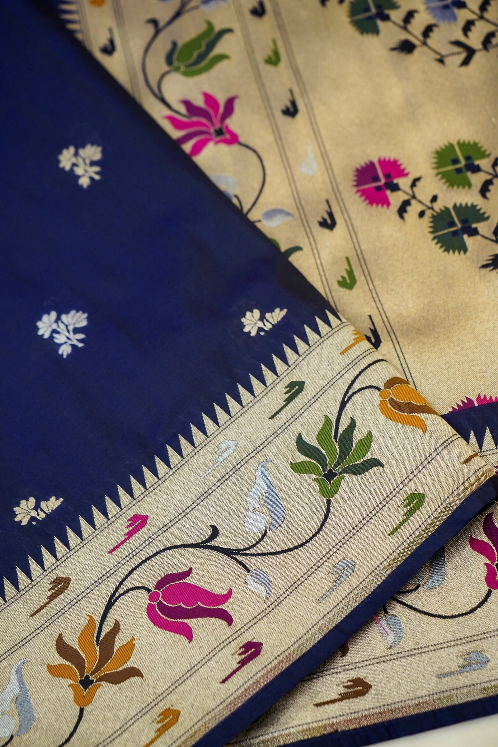 Keshavi - Midnight Blue Paithani Silk Saree with Stitched Blouse