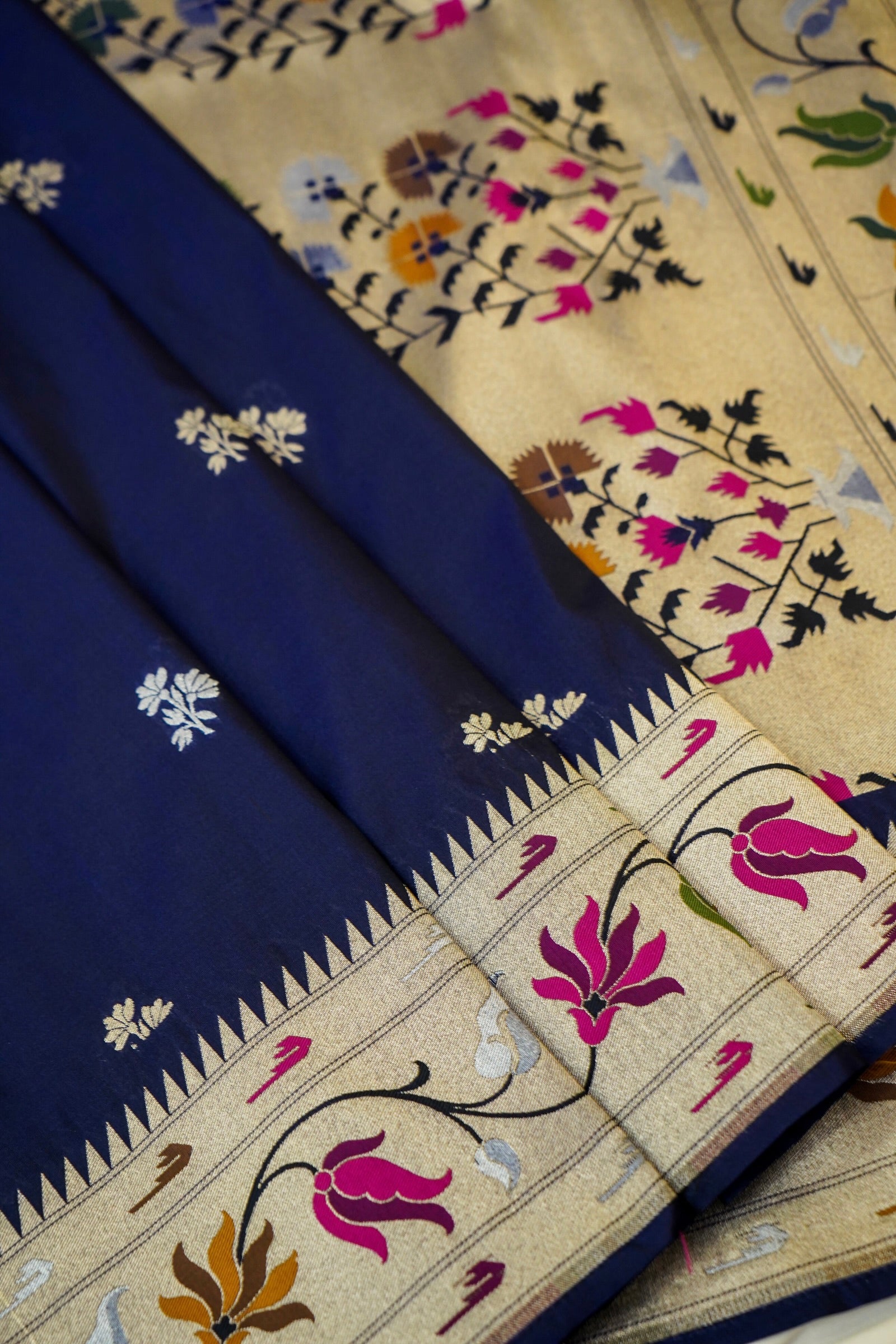 Keshavi - Midnight Blue Paithani Silk Saree with Stitched Blouse