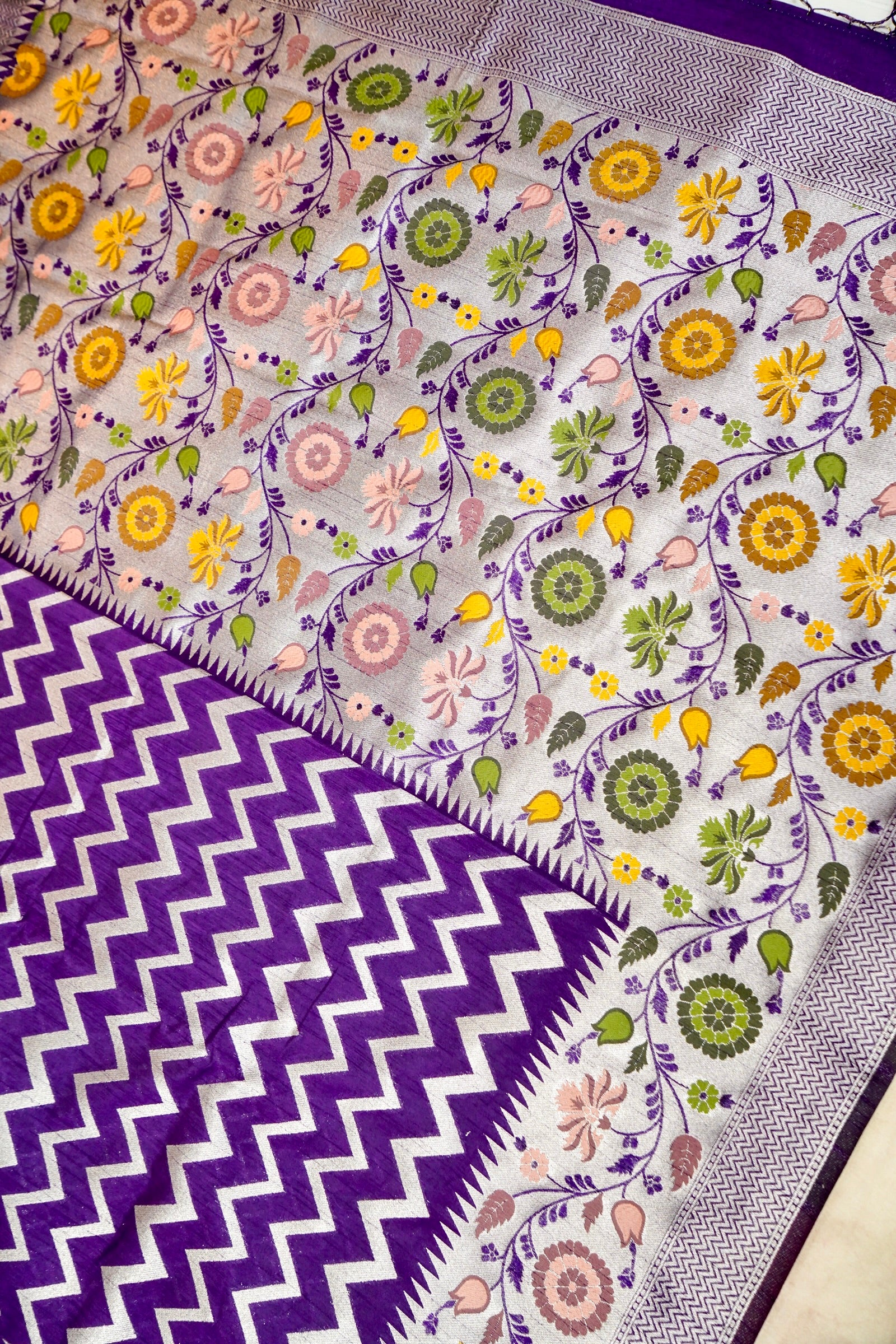 Royal Purple Raw Silk Saree with Silver Chevron Pattern