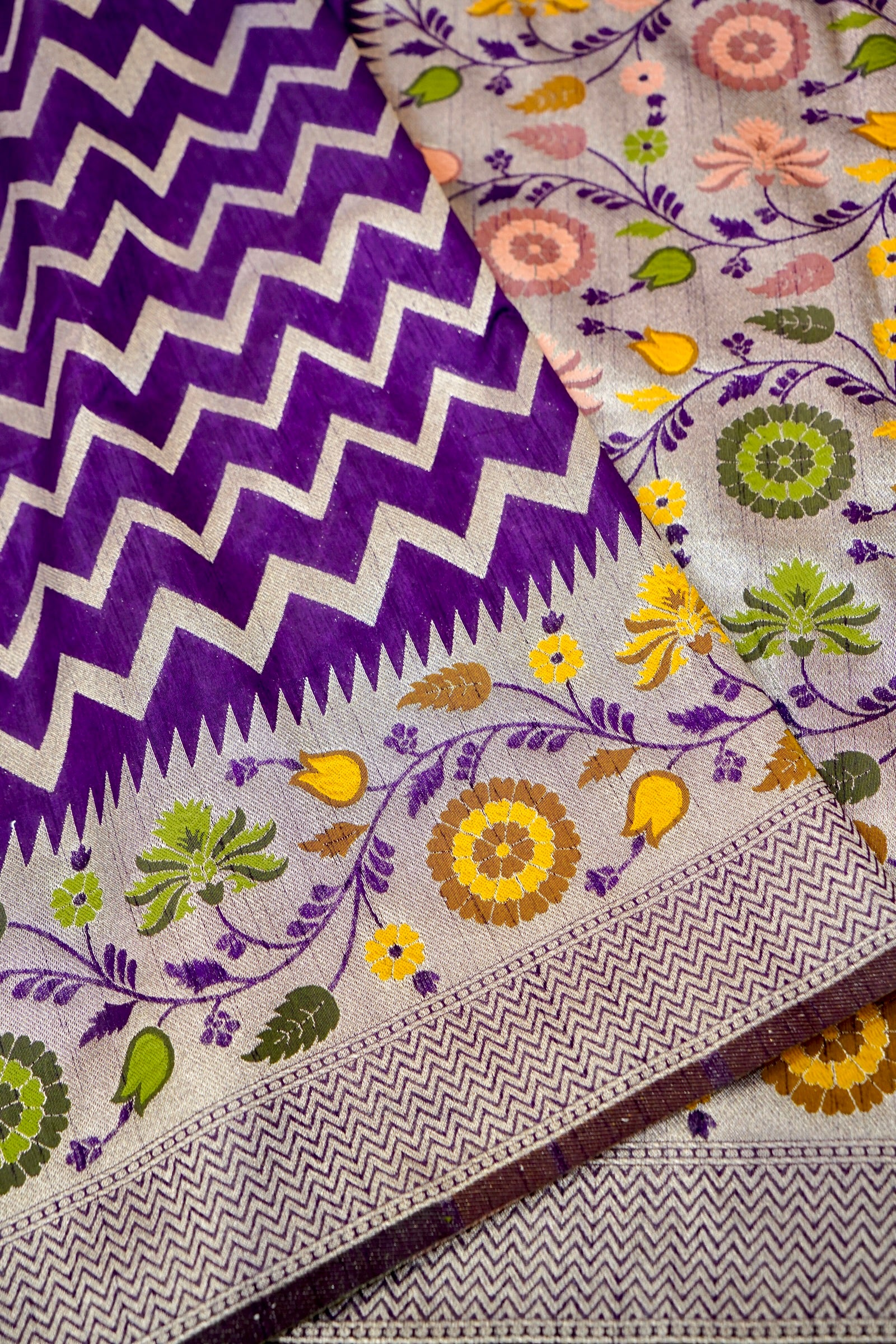 Royal Purple Raw Silk Saree with Silver Chevron Pattern