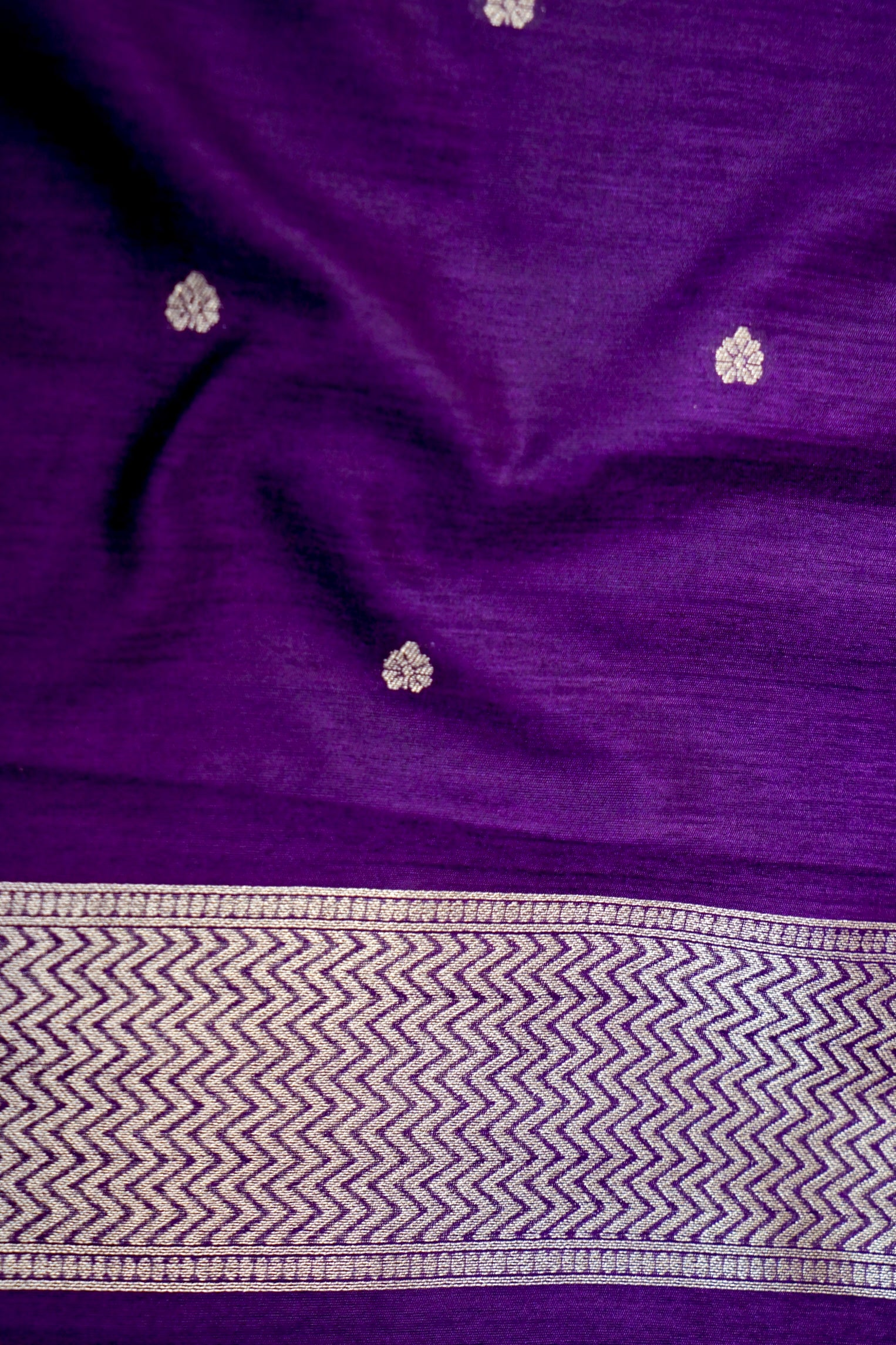 Royal Purple Raw Silk Saree with Silver Chevron Pattern