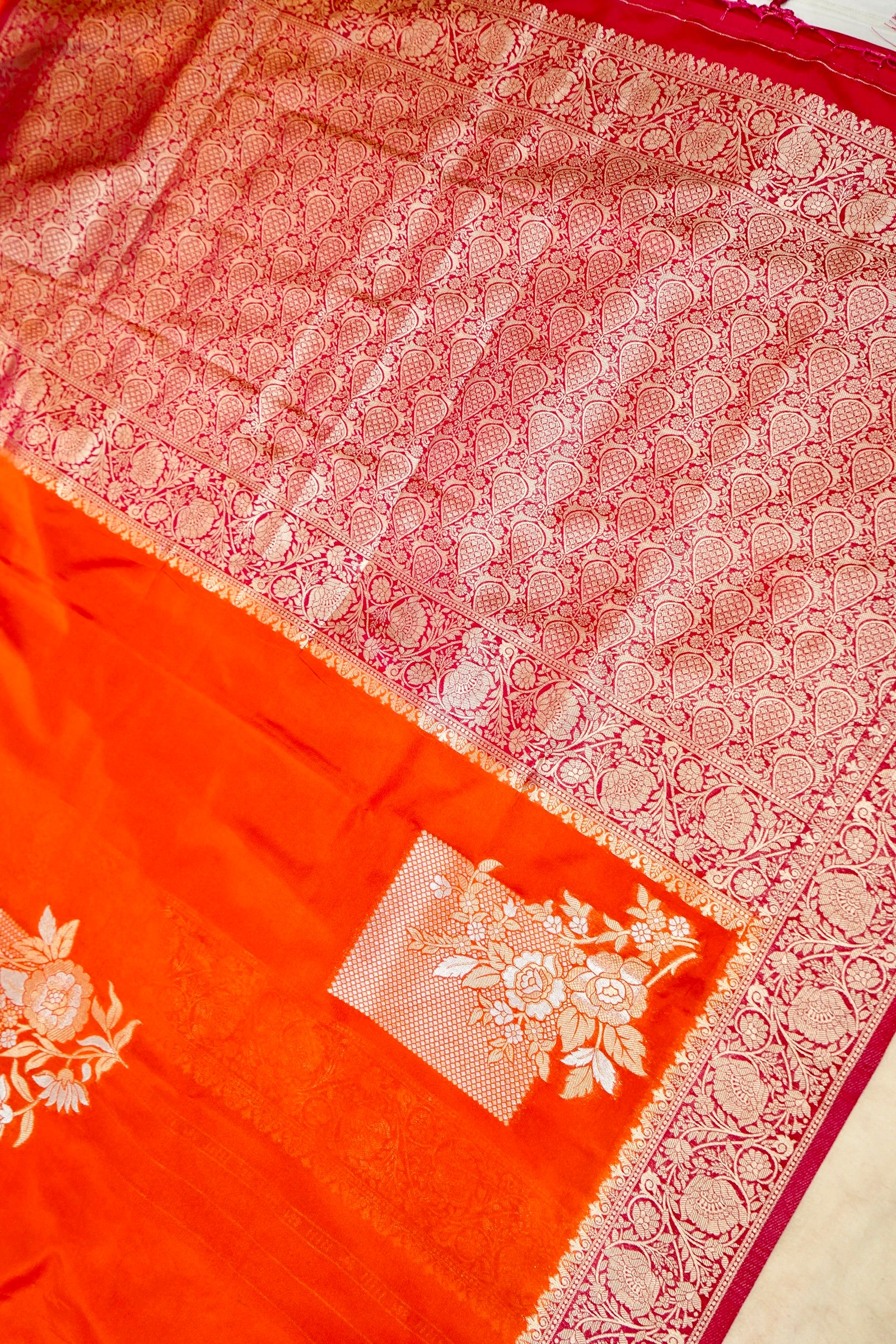 Orange Pure Crepe Silk Saree with Red and Gold Zari Border