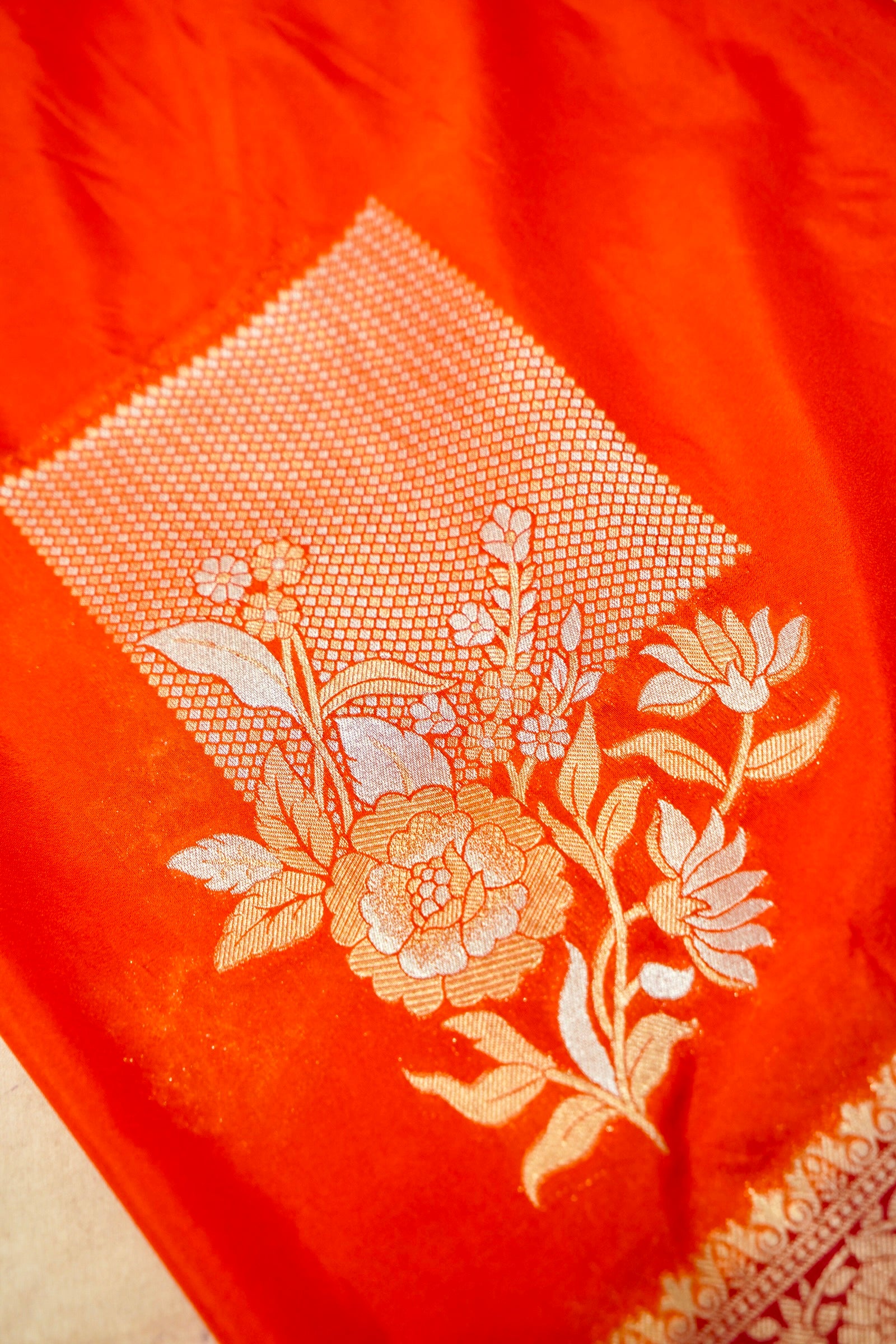 Orange Pure Crepe Silk Saree with Red and Gold Zari Border