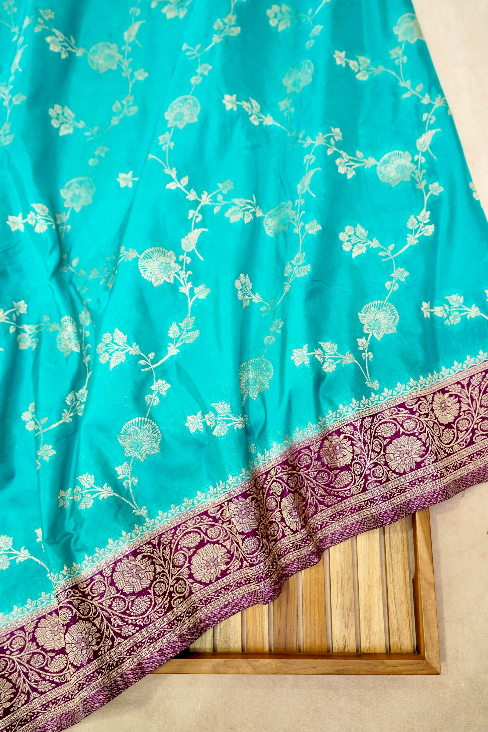 Light Turquoise Blue Semi Katan Silk Saree with Wine Border
