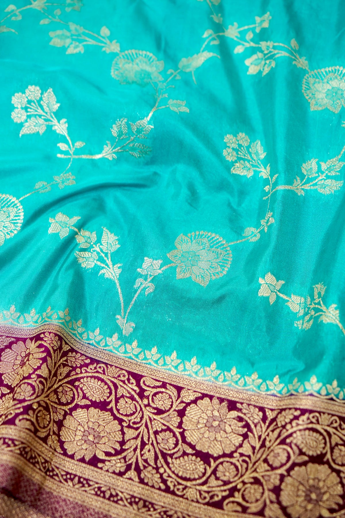 Light Turquoise Blue Semi Katan Silk Saree with Wine Border