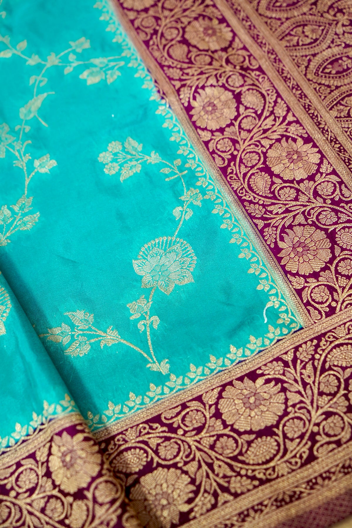 Light Turquoise Blue Semi Katan Silk Saree with Wine Border