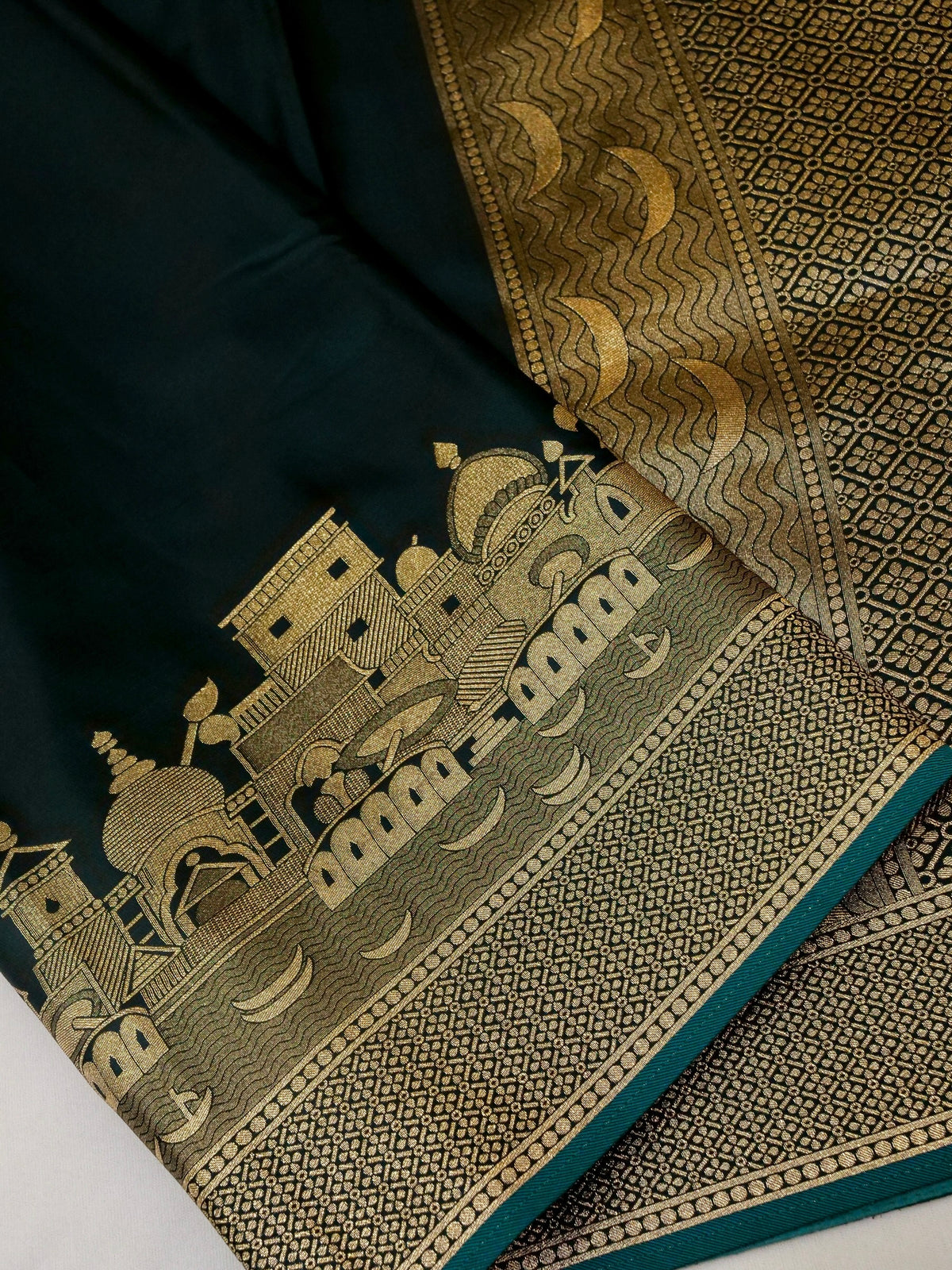 Nihar - Deep Teal Ghat Border Banarasi Silk Saree with Stitched Blouse