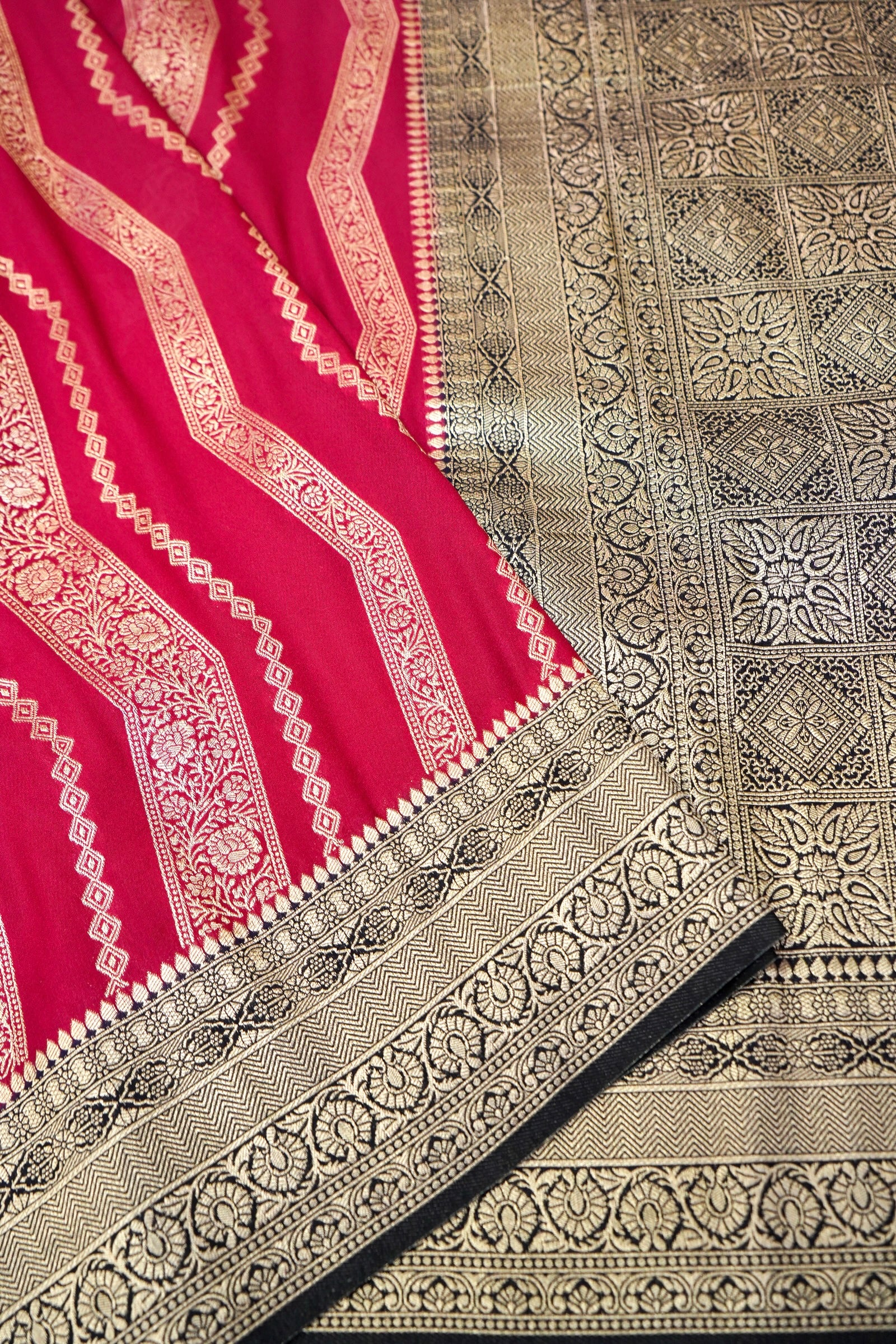 Crimson Red Crepe Georgette Silk Saree with Black and Gold Border