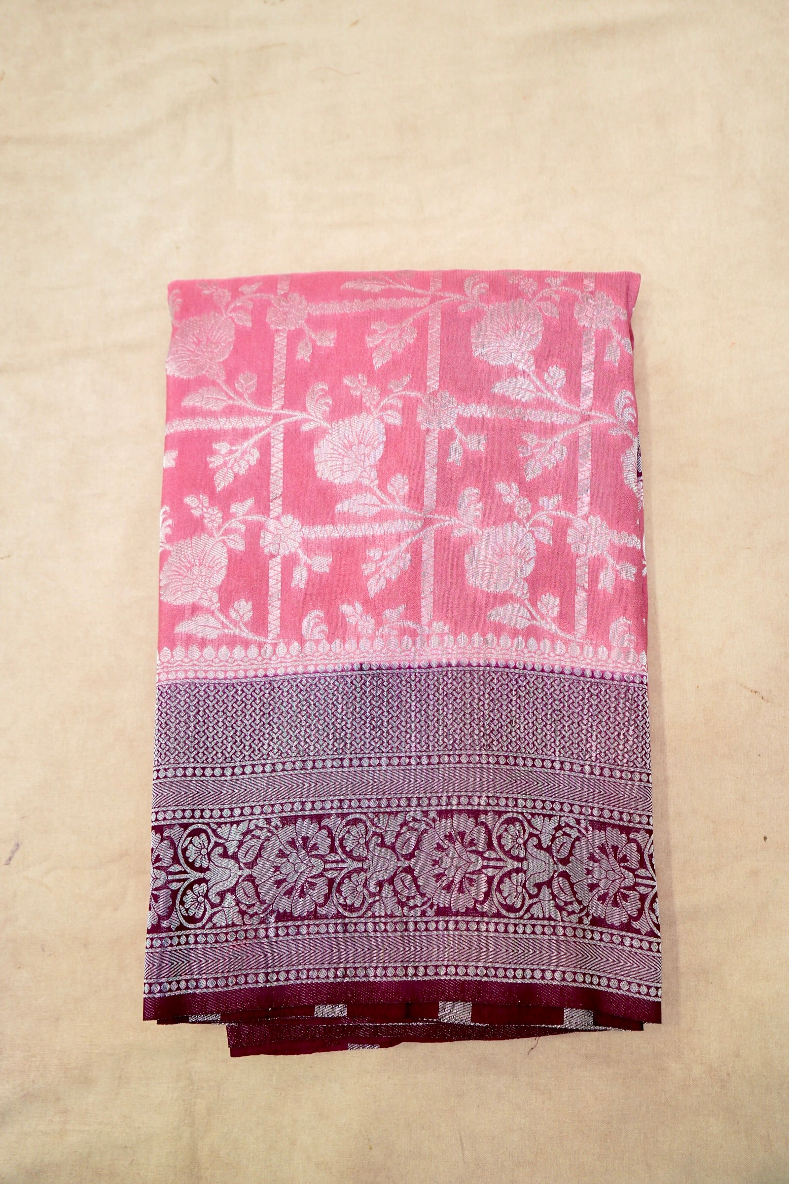 Baby Pink Semi Georgette Silk Saree with Burgundy Border