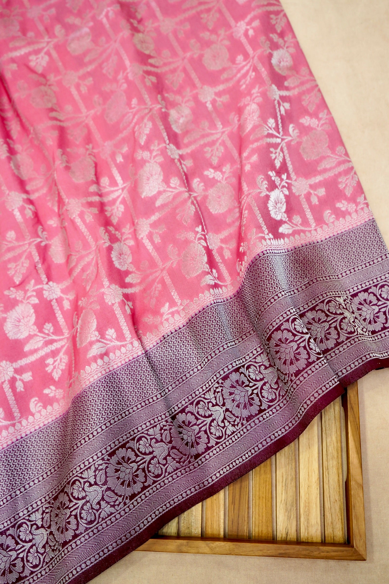 Baby Pink Semi Georgette Silk Saree with Burgundy Border