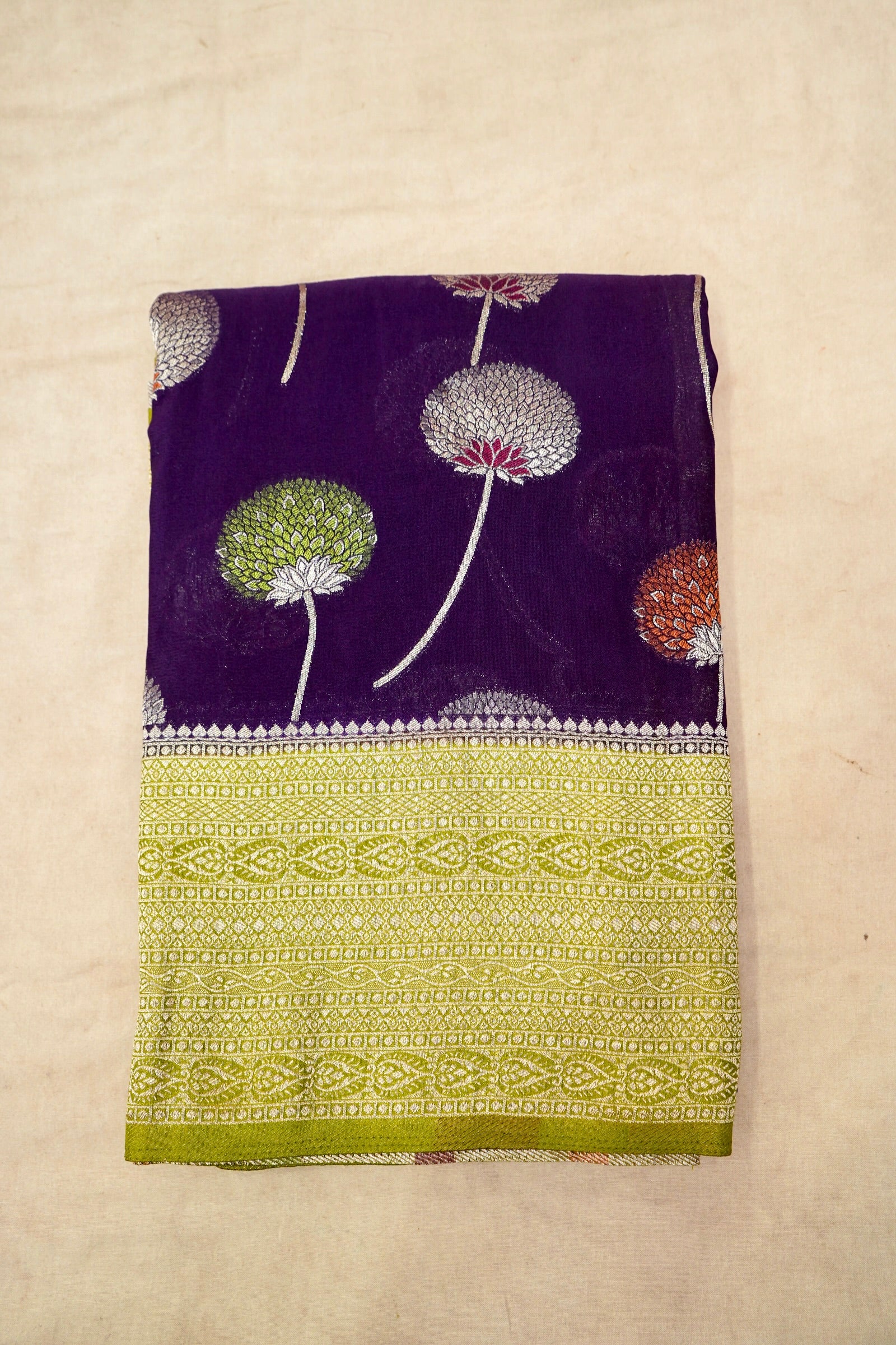 Dark Purple Semi Georgette Silk Saree with Pastel Green Border