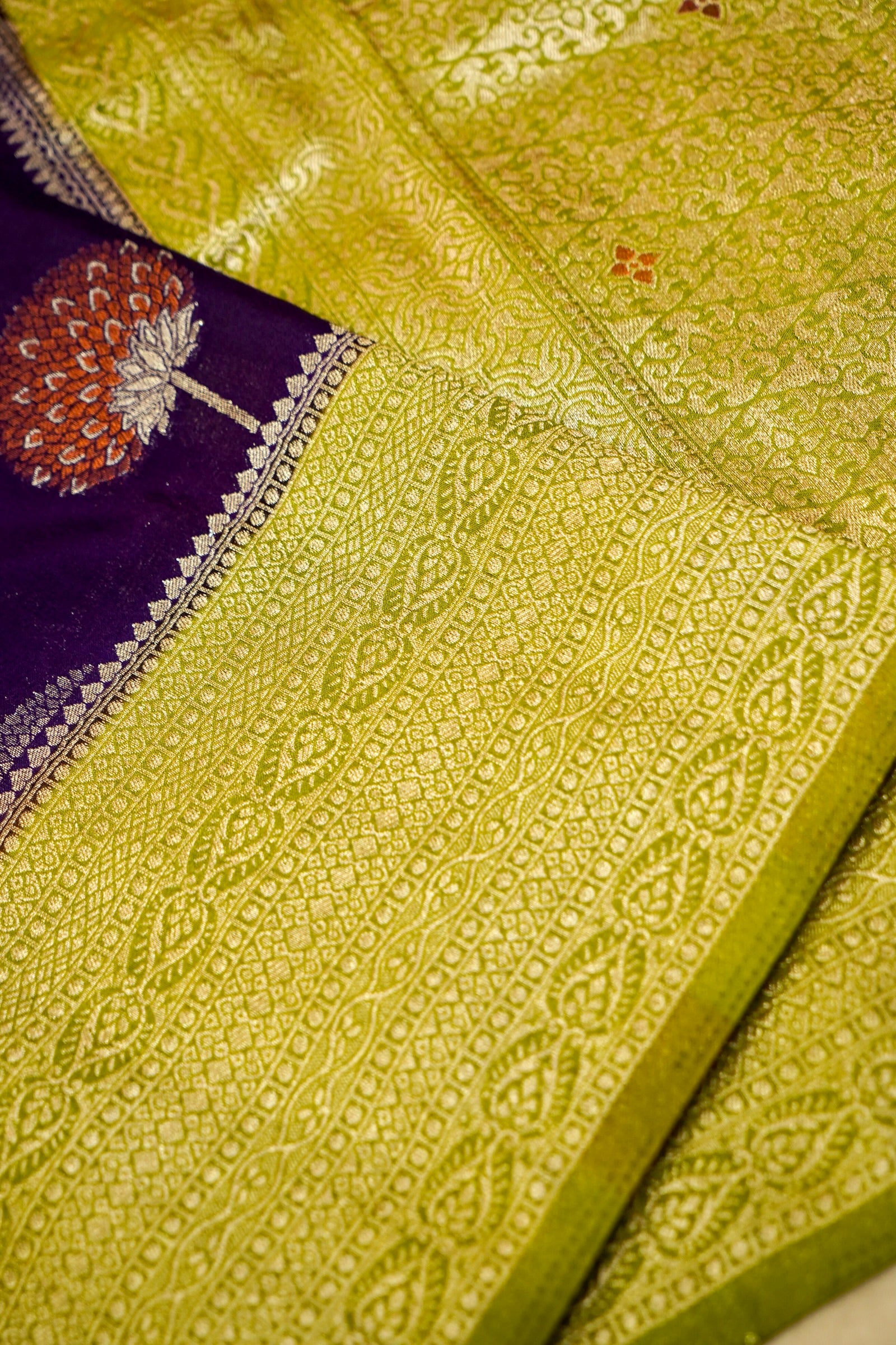 Dark Purple Semi Georgette Silk Saree with Pastel Green Border