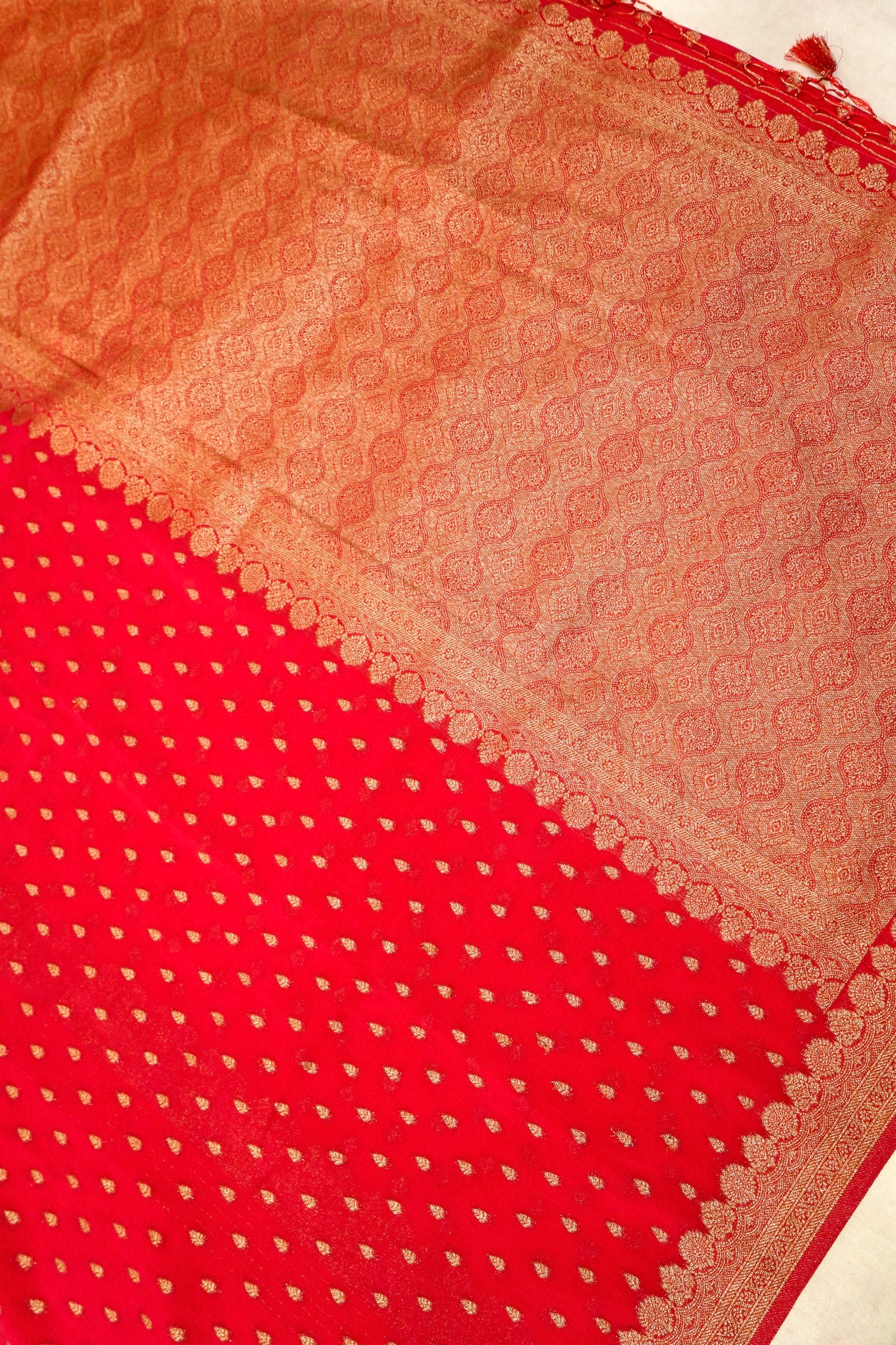 Bright Red Crepe Chiffon Saree with Gold Zari Border