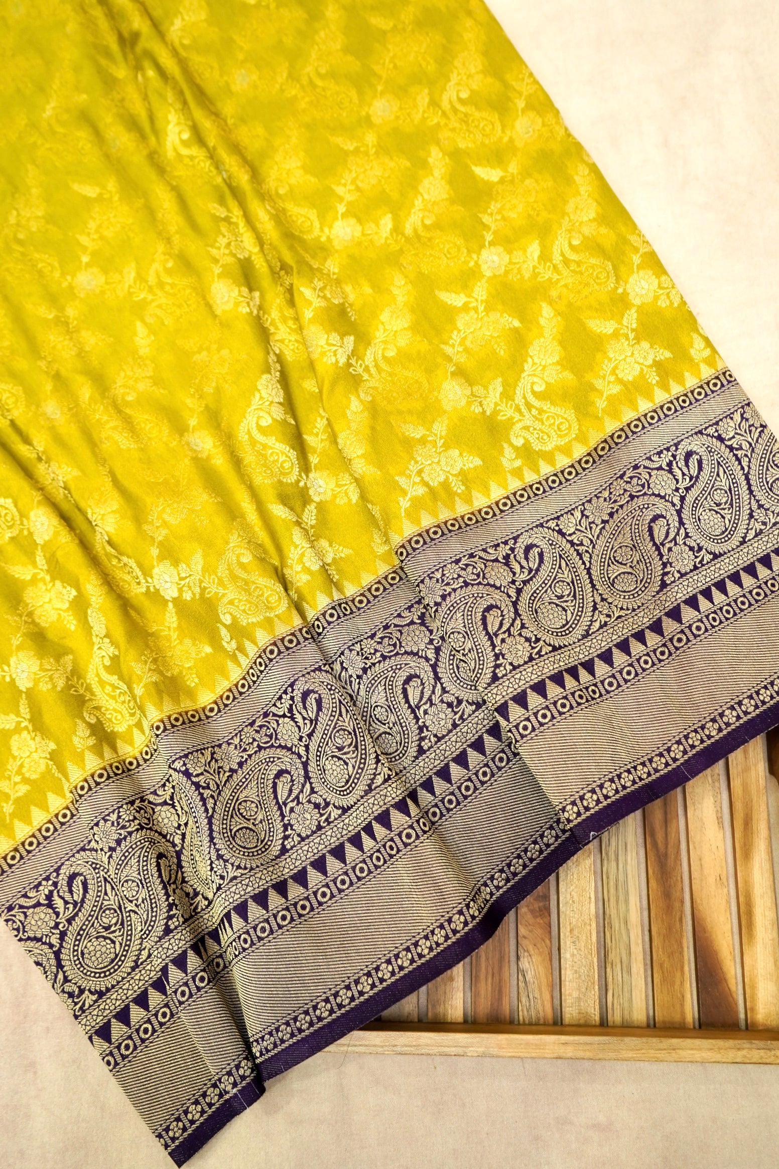 Mustard Yellow Semi Georgette Silk Saree with Purple Border