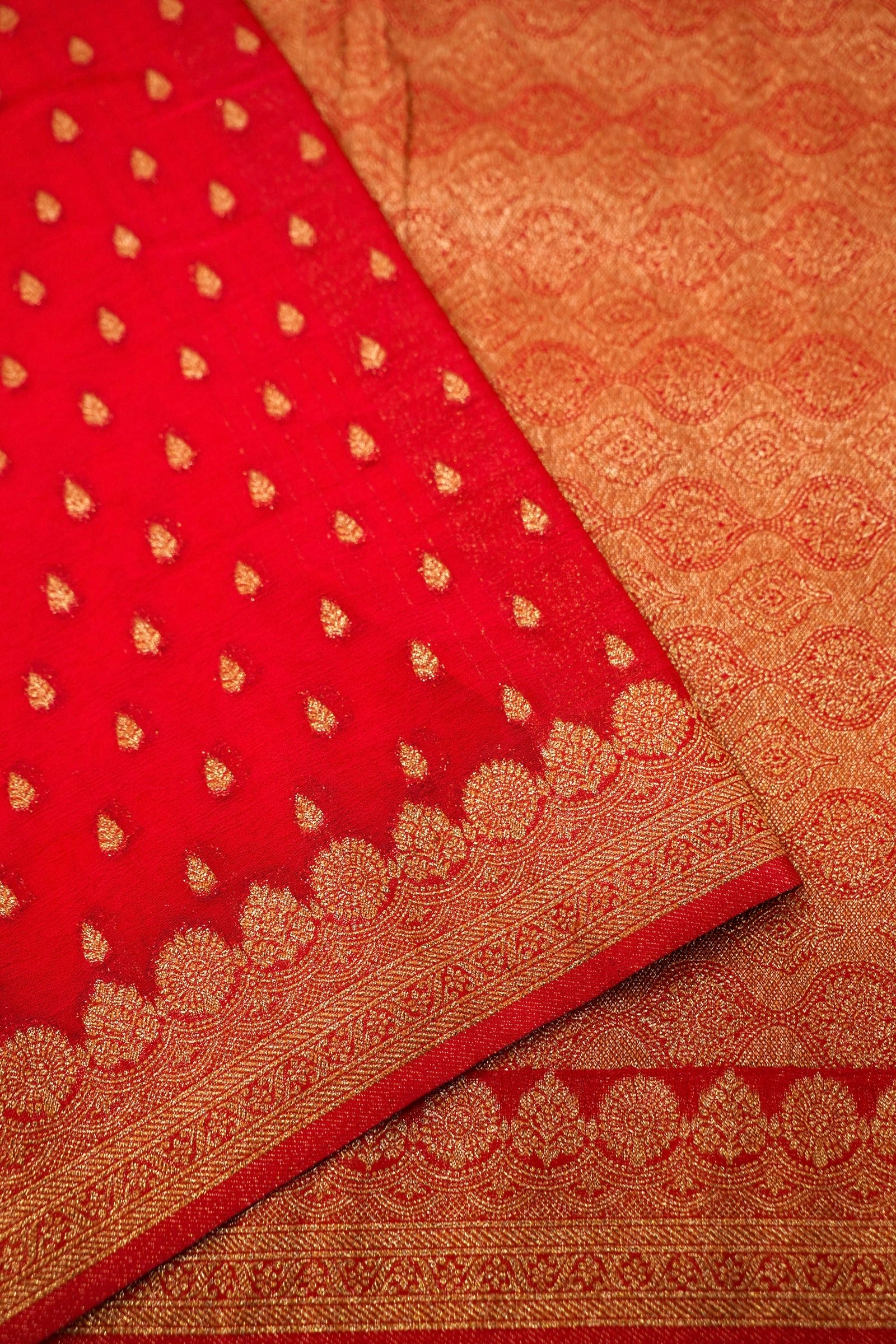 Bright Red Crepe Chiffon Saree with Gold Zari Border