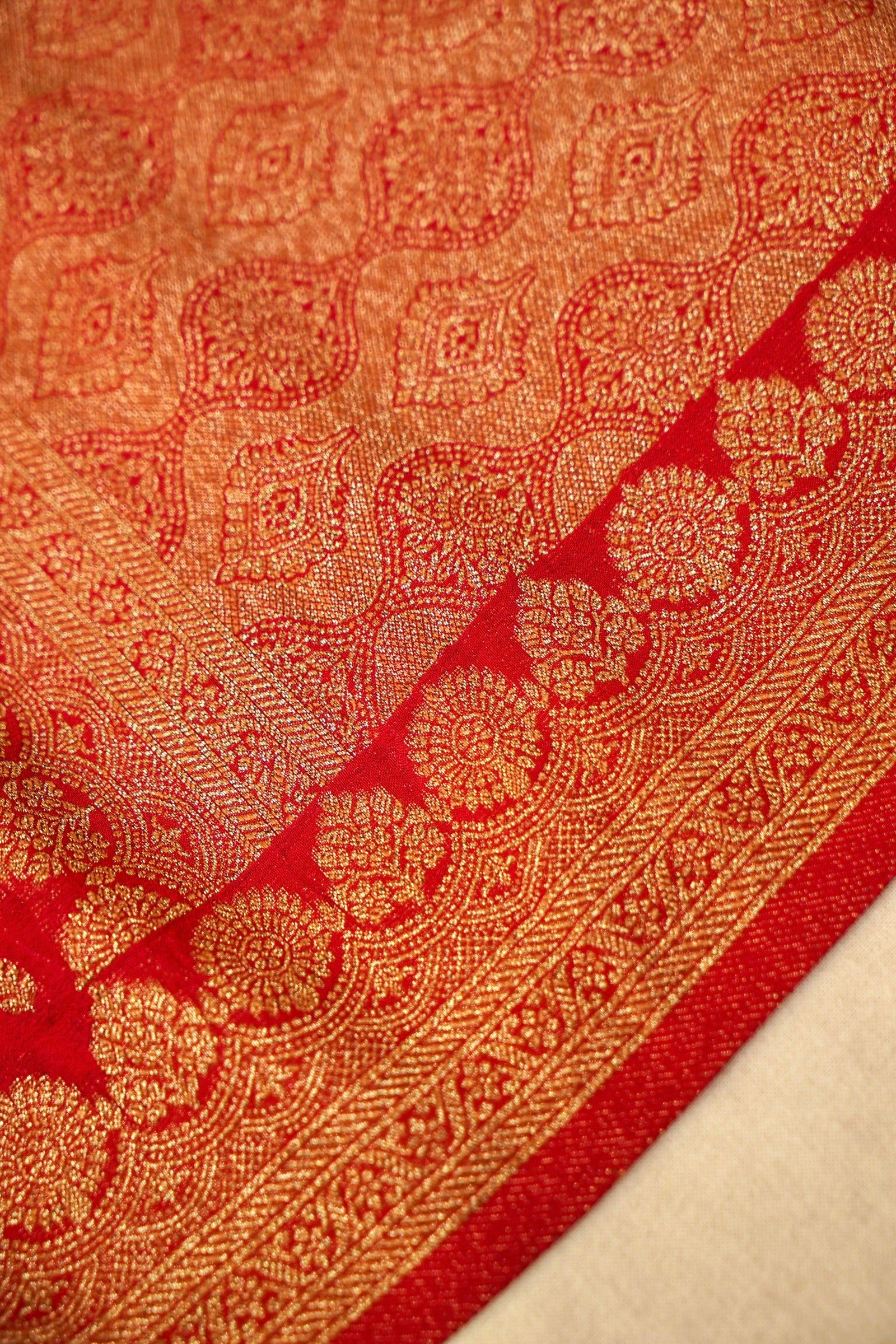 Bright Red Crepe Chiffon Saree with Gold Zari Border