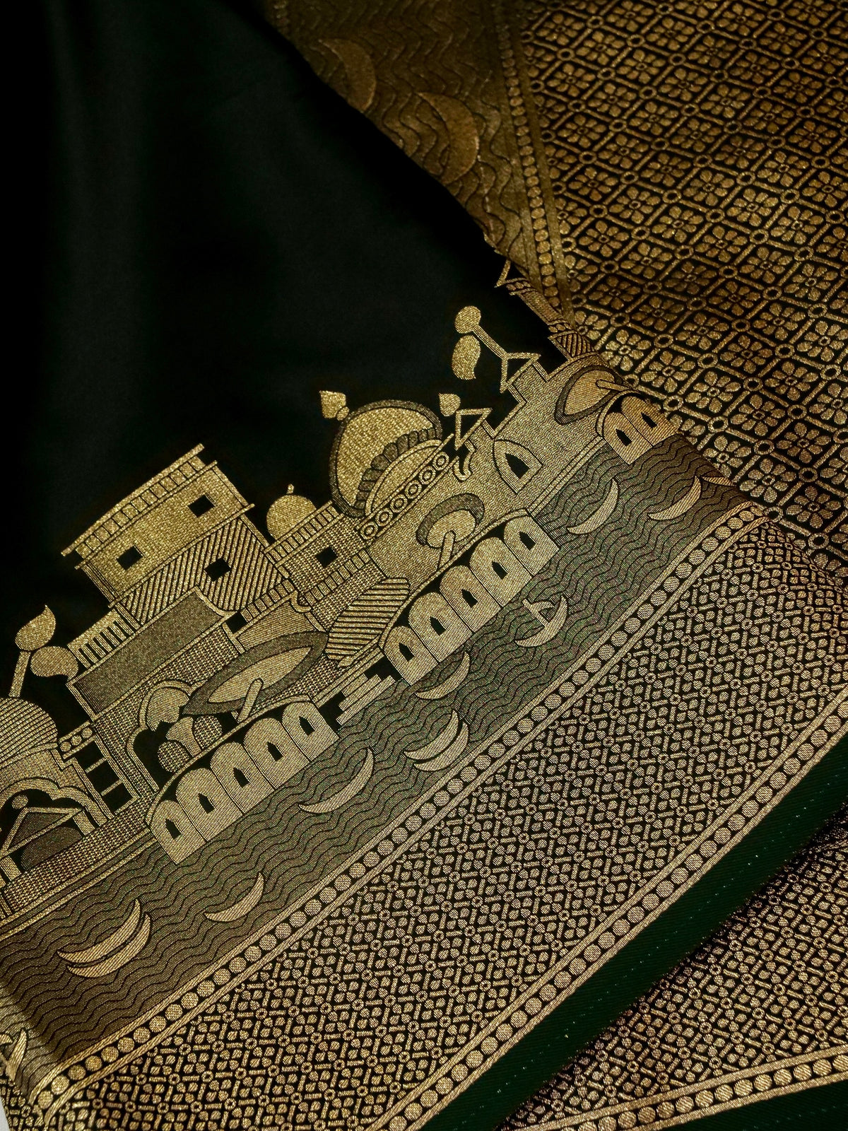 Nihar - Deep Green Ghat Border Banarasi Silk Saree with Stitched Blouse