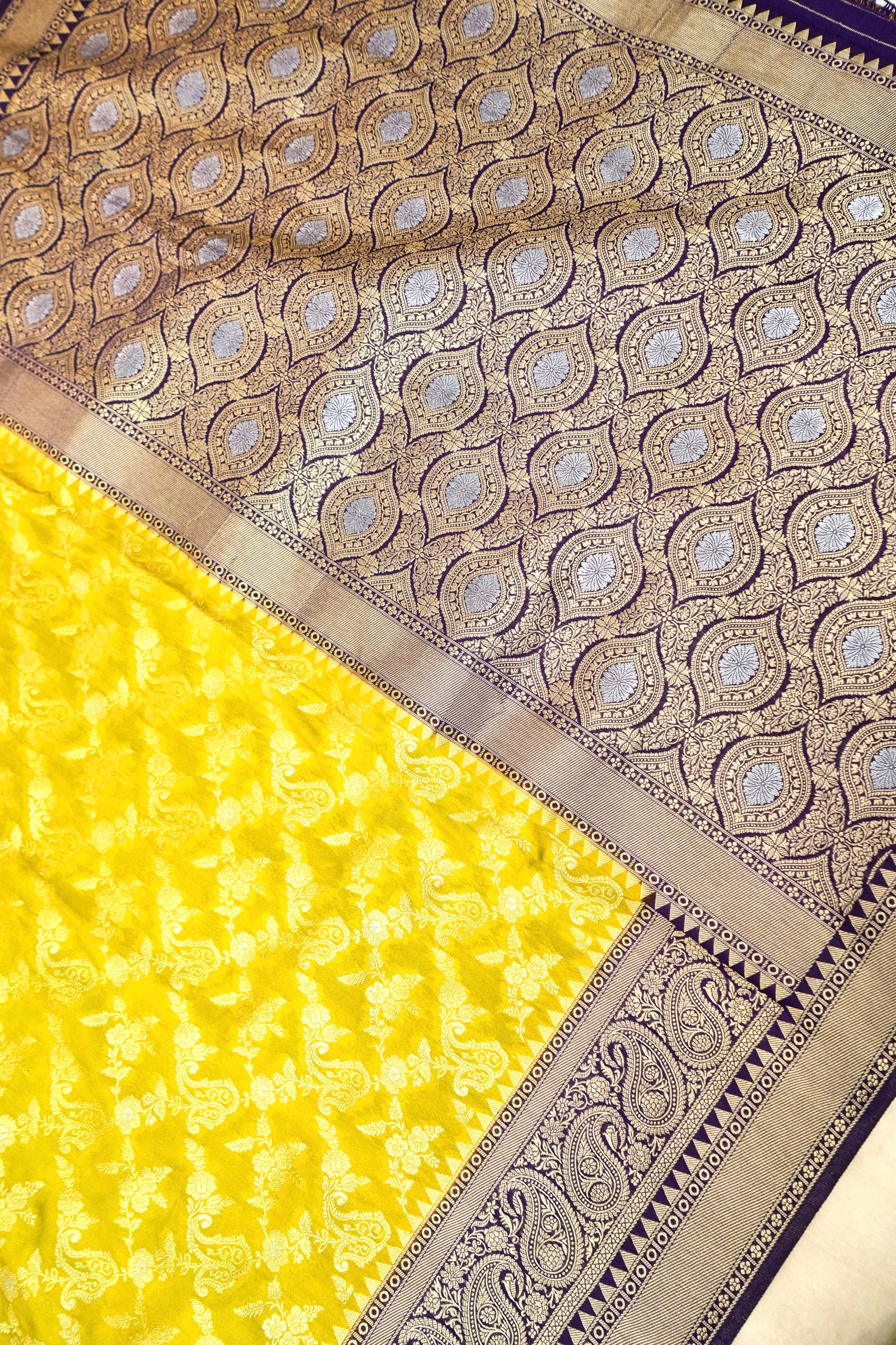 Mustard Yellow Semi Georgette Silk Saree with Purple Border