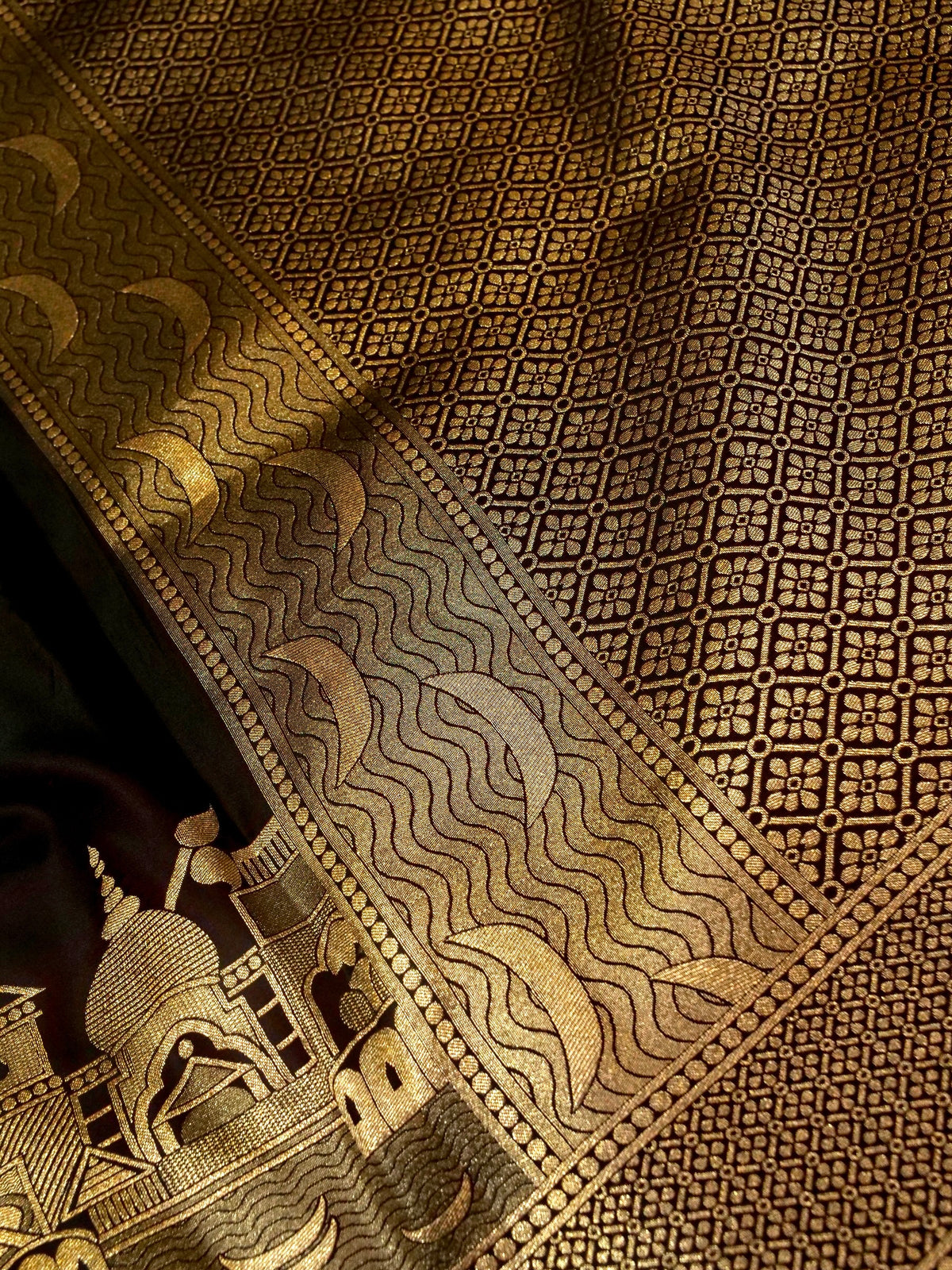 Nihar - Deep Burgundy Ghat Border Banarasi Silk Saree with Stitched Blouse