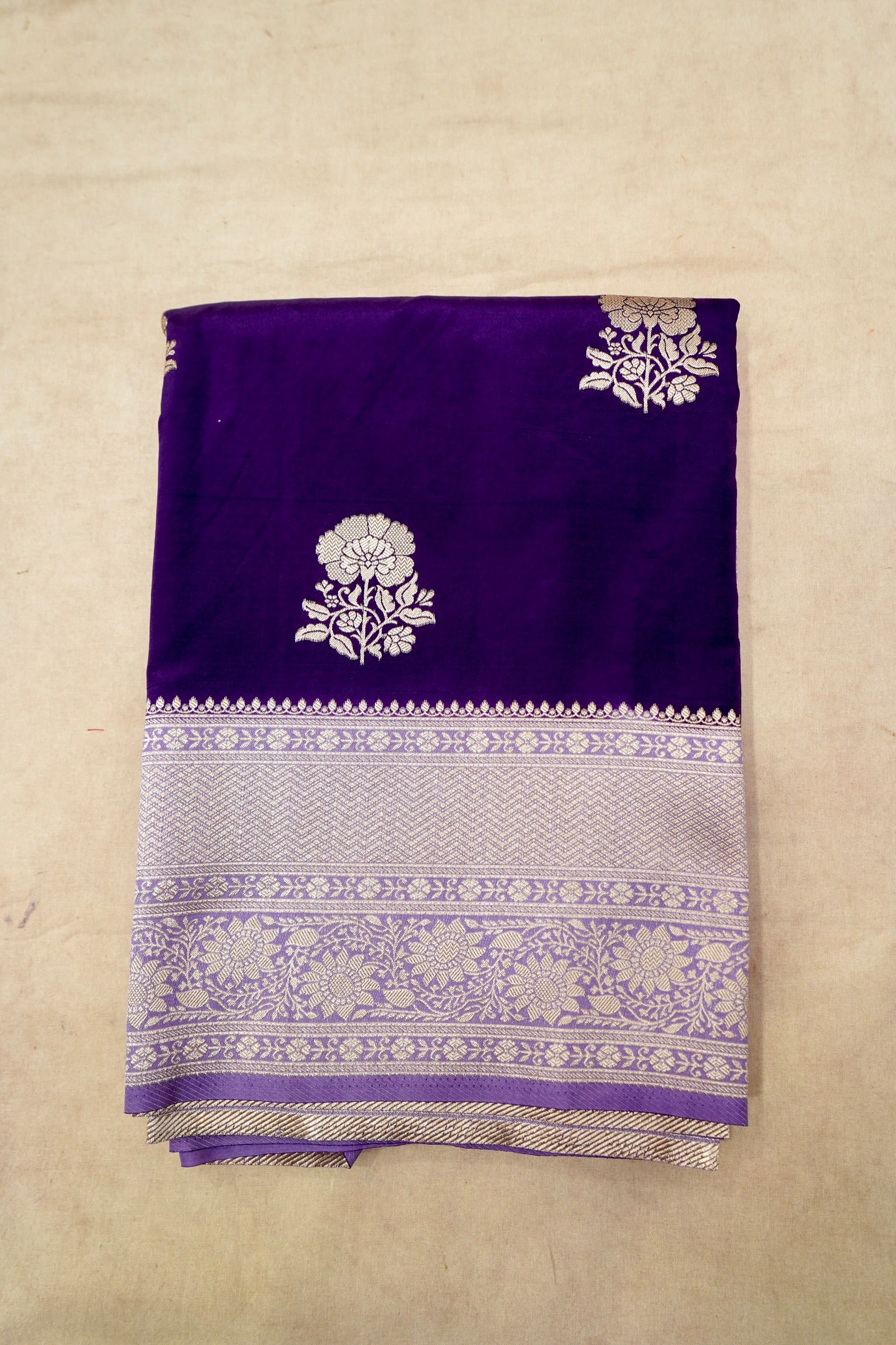 Royal Purple Semi Georgette Silk Saree with Silver Zari Border