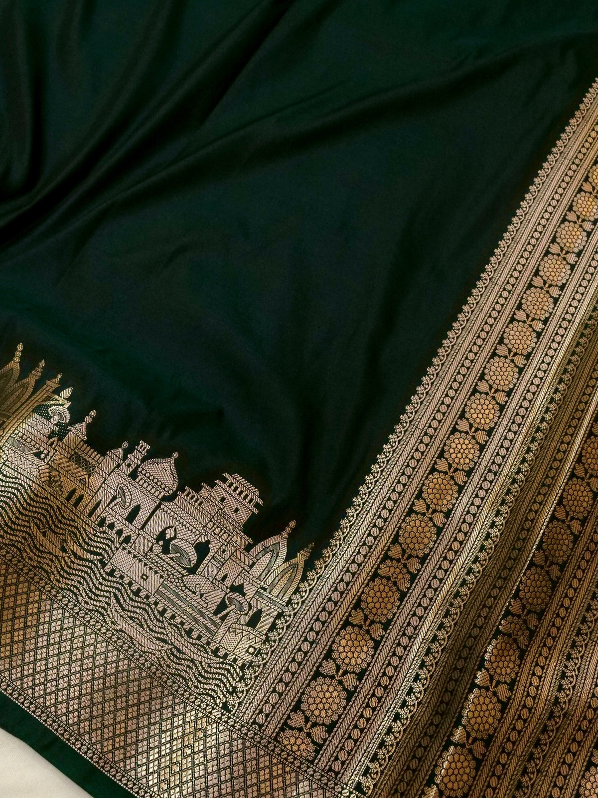 Vihar - Deep Bottle Green Ghat Border Banarasi Silk Saree with Stitched Blouse