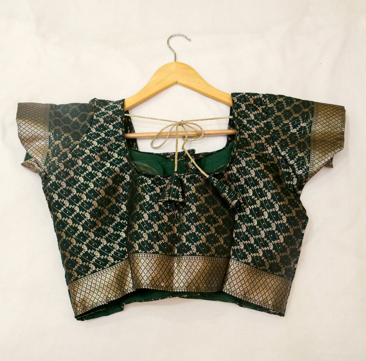 Vihar - Deep Bottle Green Ghat Border Banarasi Silk Saree with Stitched Blouse