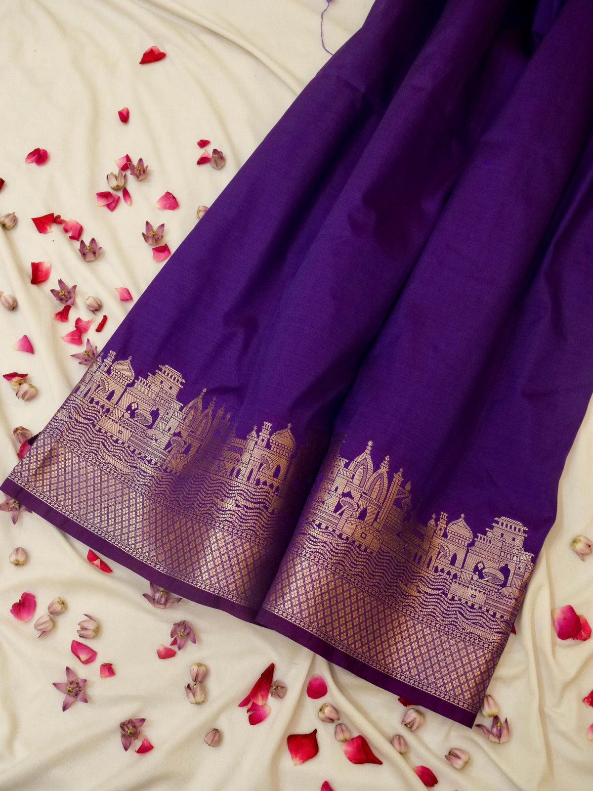 Vihar - Deep Purple Ghat Border Banarasi Silk Saree with Stitched Blouse