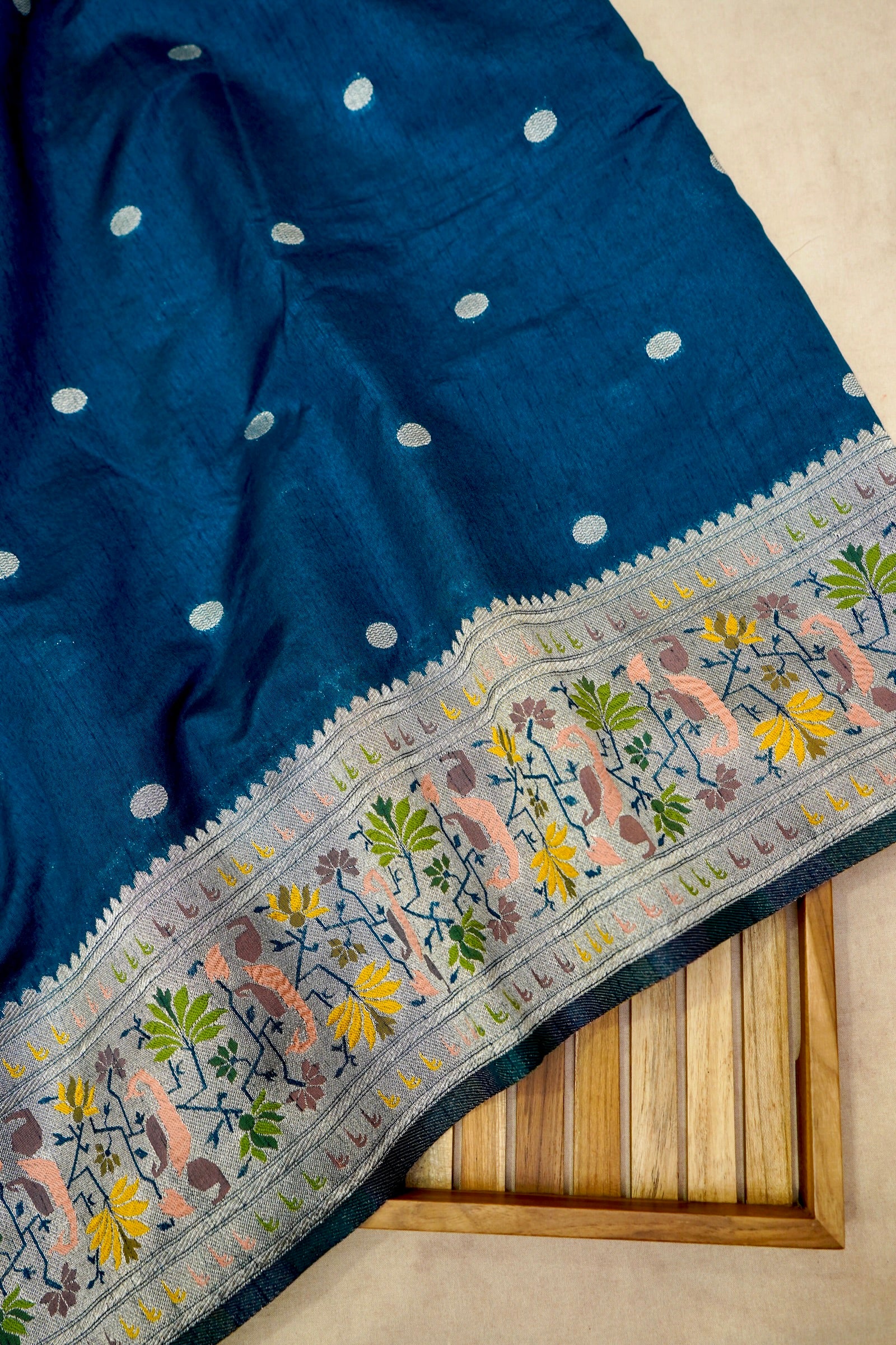 Teal Blue Raw Silk Saree with Light Gold Zari and Multicolor Floral Border