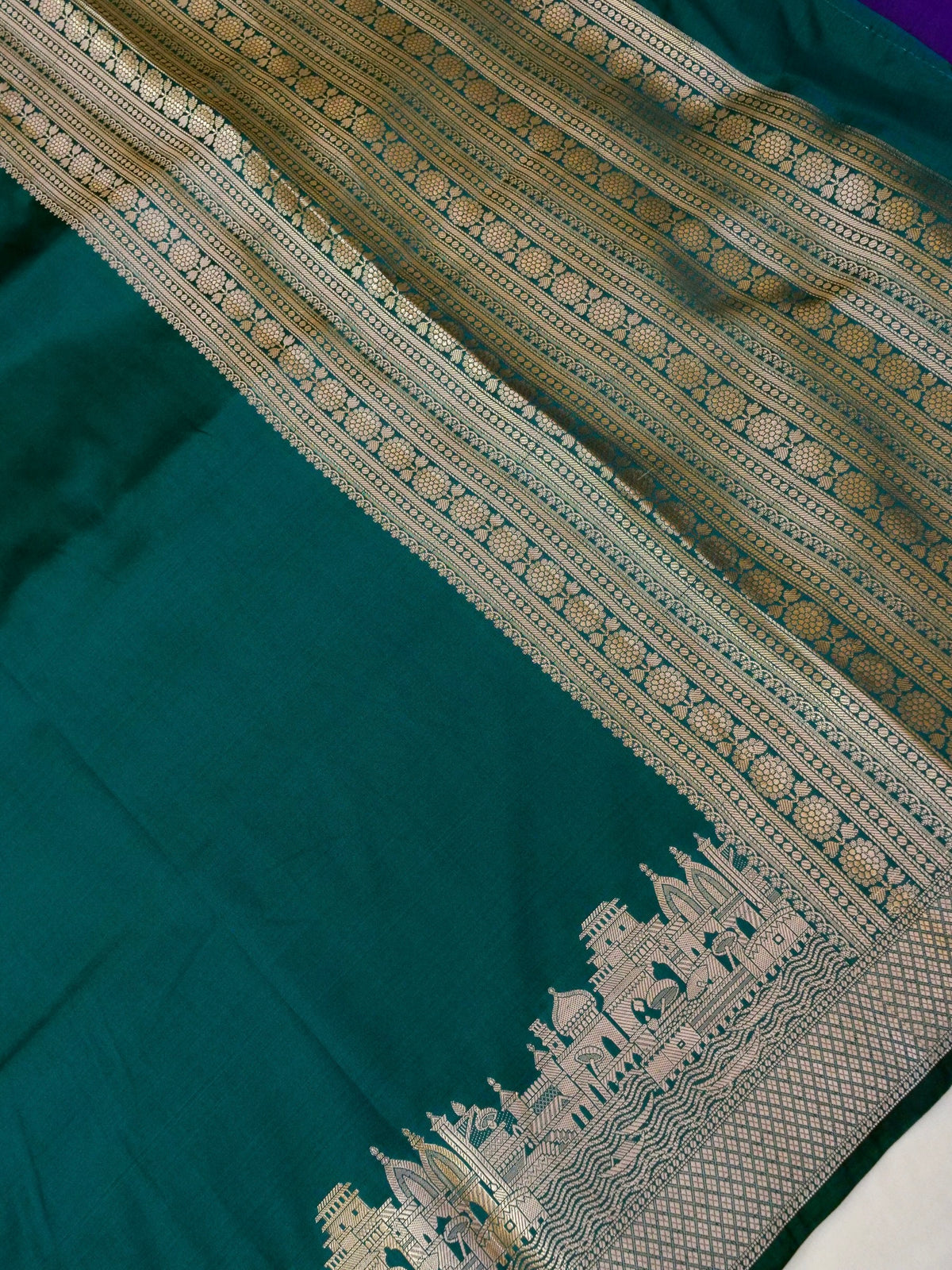 Vihar - Deep Teal Green Ghat Border Banarasi Silk Saree with Stitched Blouse