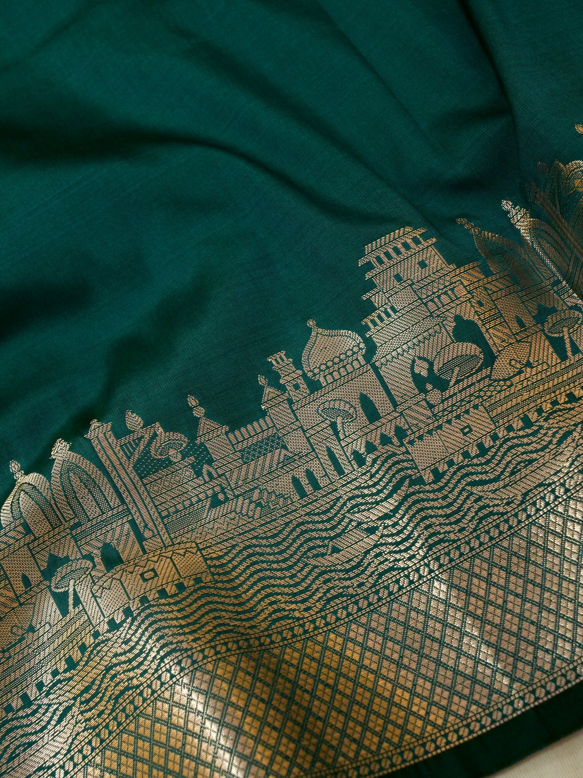Vihar - Deep Teal Green Ghat Border Banarasi Silk Saree with Stitched Blouse