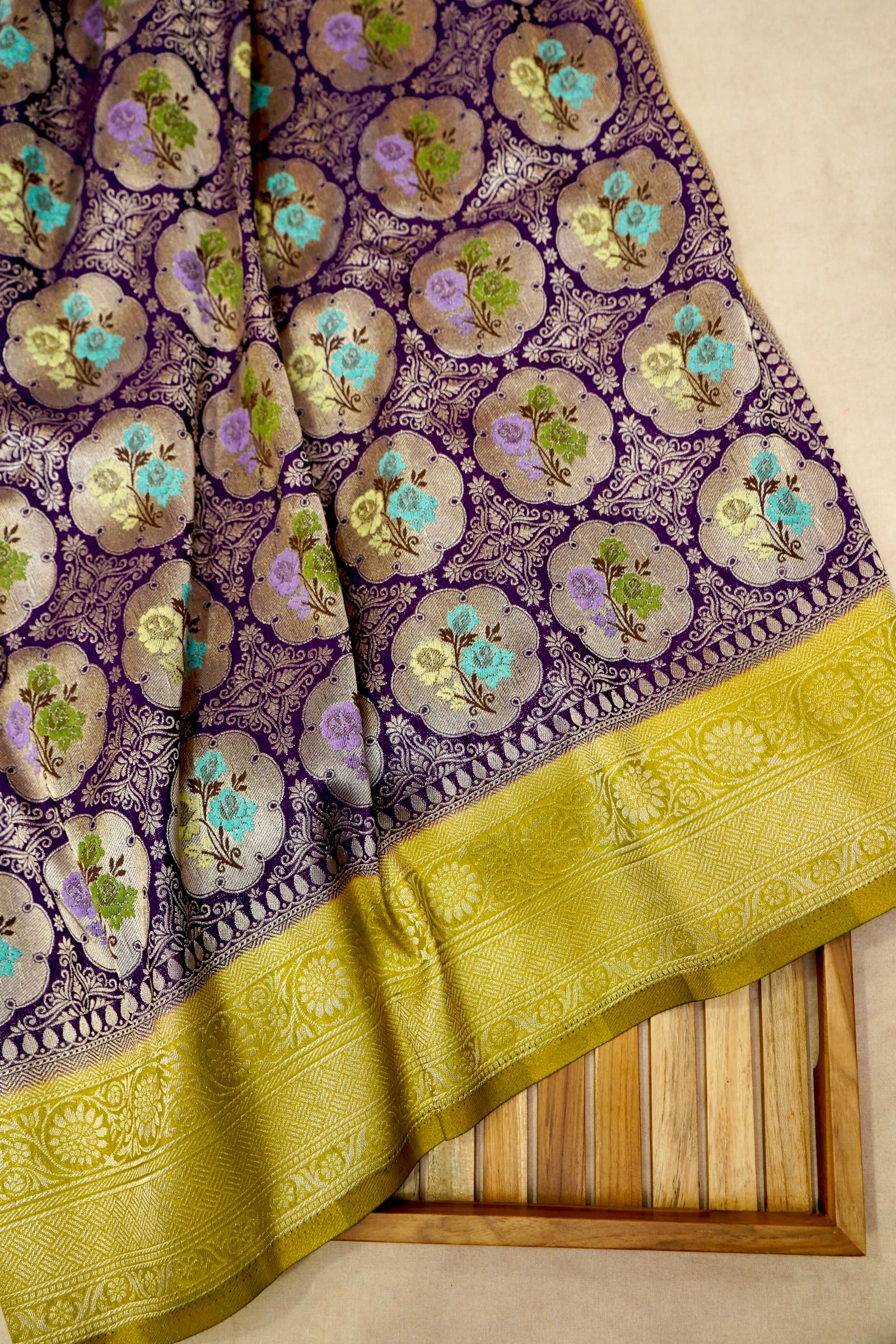 Purple Semi Tanchoi Saree with Rich Antique Zari Border