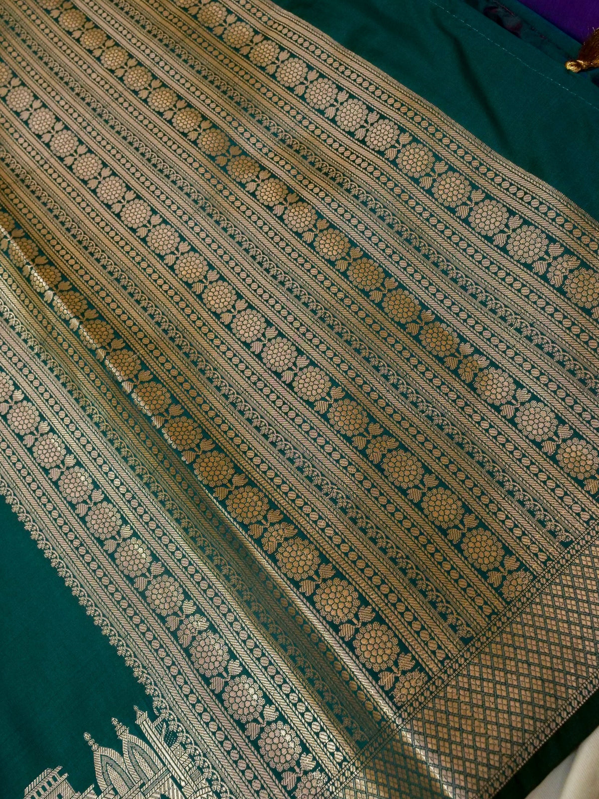 Vihar - Deep Teal Green Ghat Border Banarasi Silk Saree with Stitched Blouse