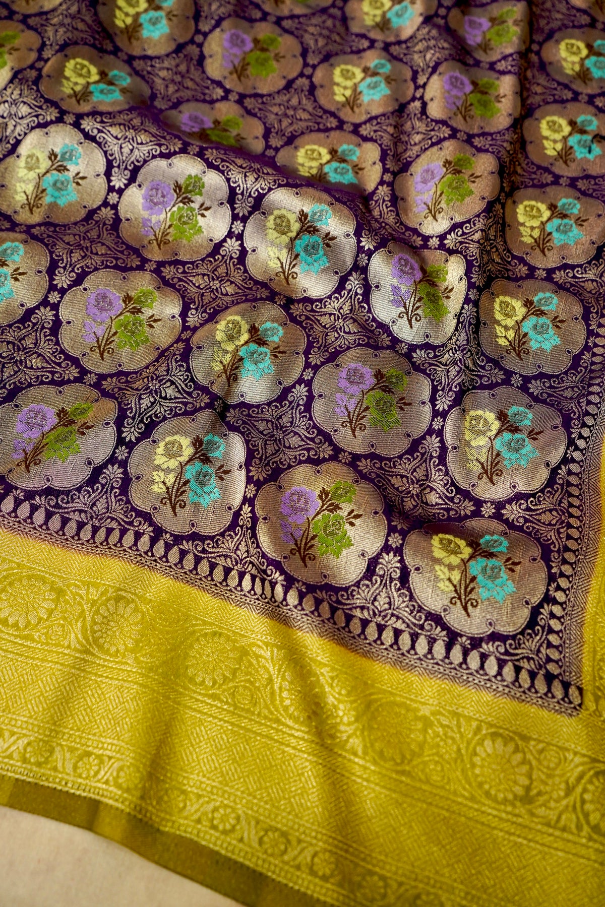 Purple Semi Tanchoi Saree with Rich Antique Zari Border