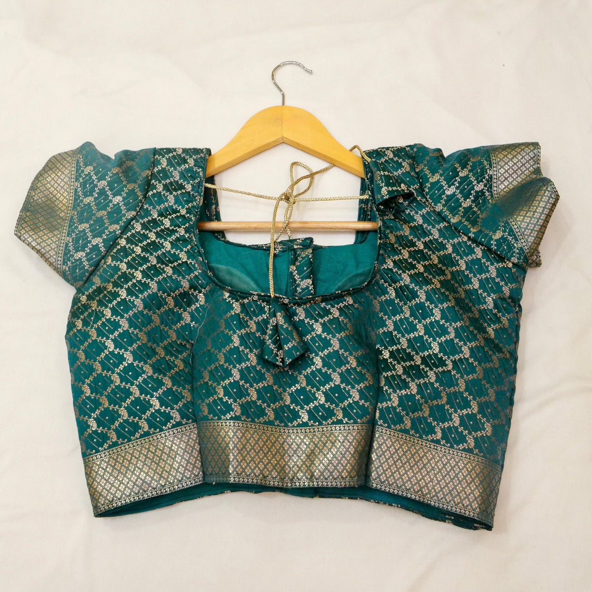 Vihar - Deep Teal Green Ghat Border Banarasi Silk Saree with Stitched Blouse